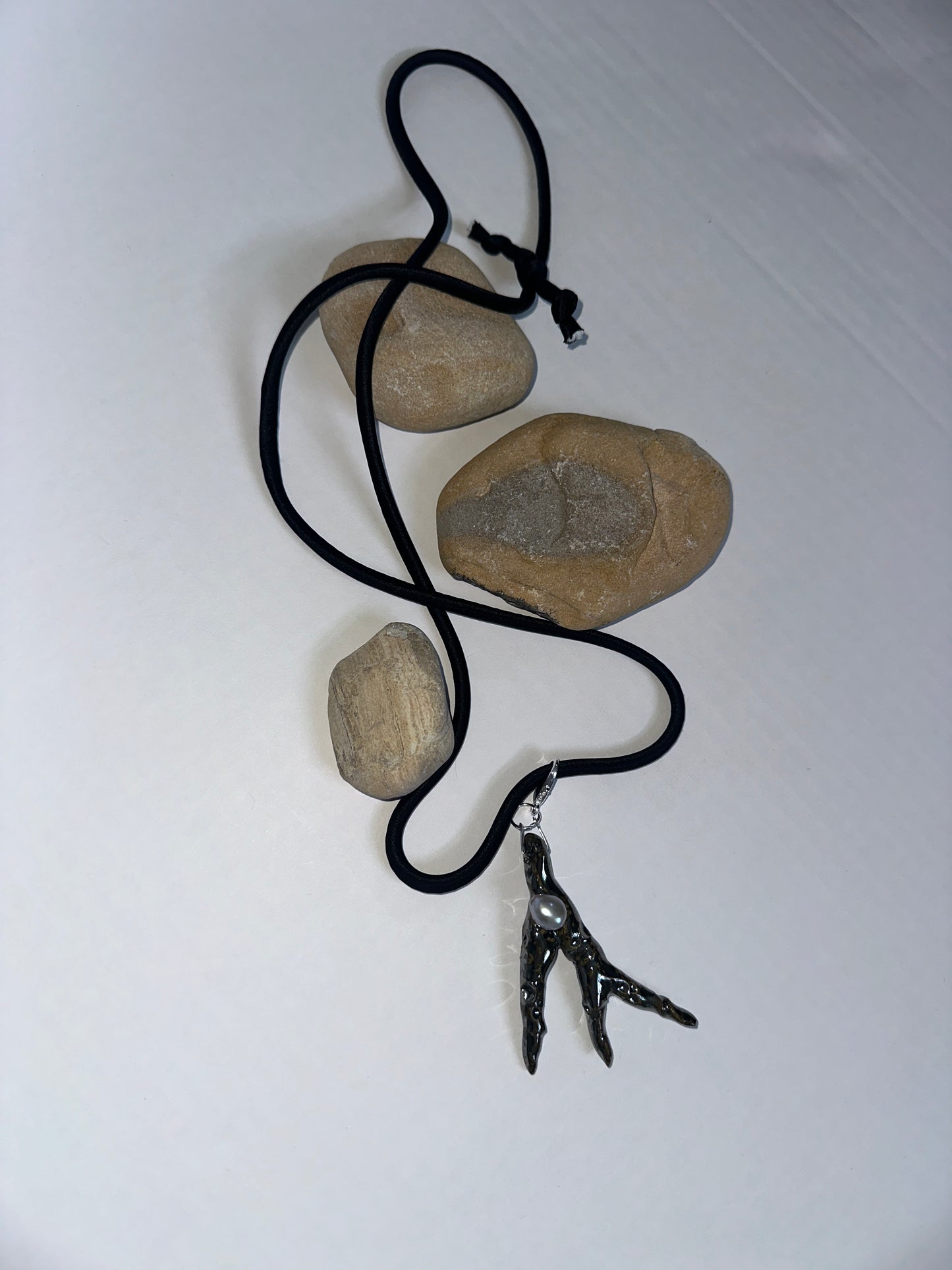Ceramic Chrome Metalic Driftwood Pendant Necklace With Baroque Pearl on Black Silk Cord