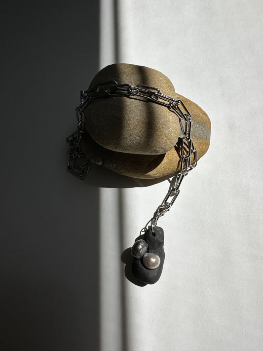 Black Ceramic Form & Pearl Pendant on Silver Paperclip Chain