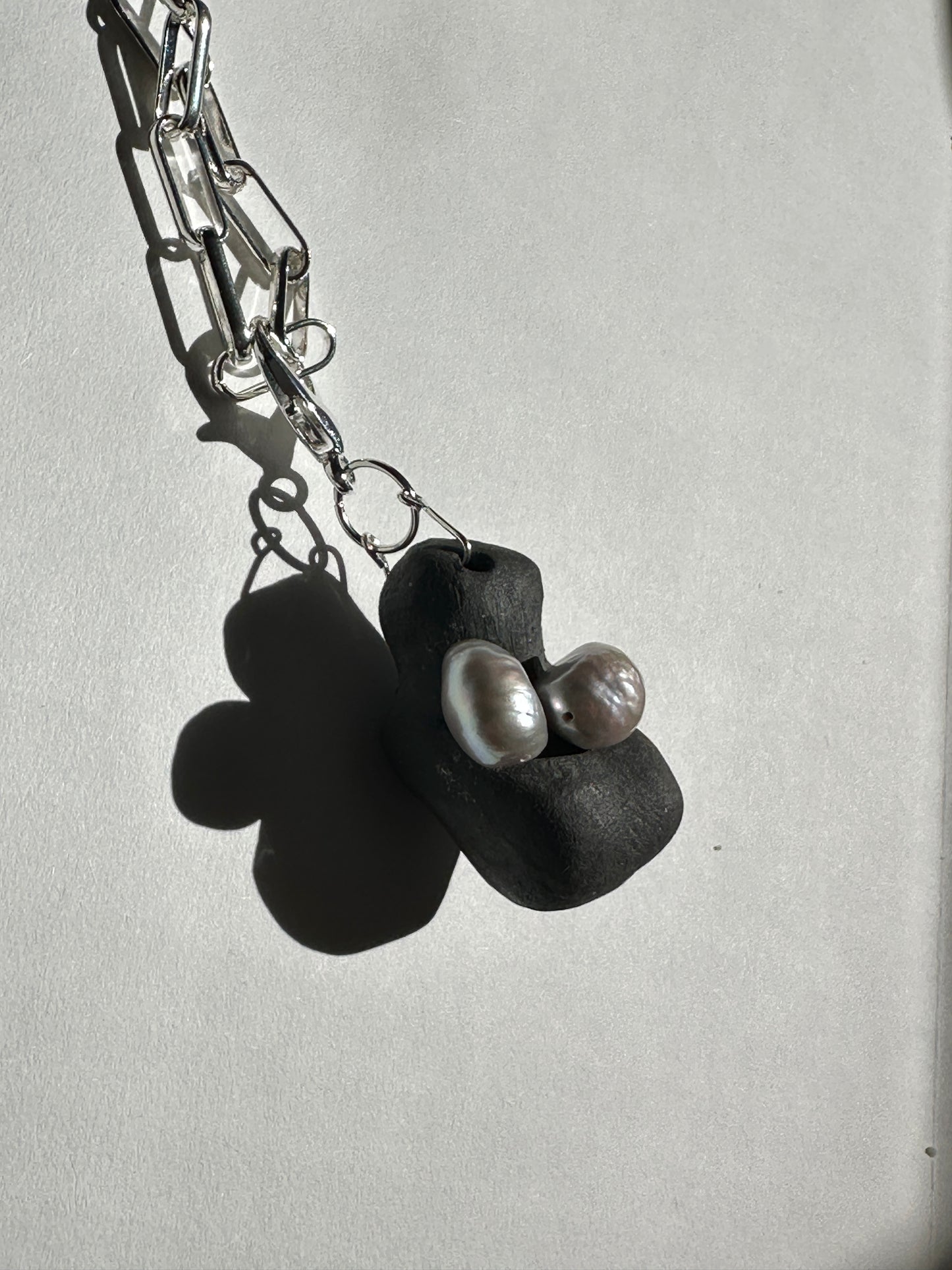 Black Ceramic Form & Pearl Pendant on Silver Paperclip Chain