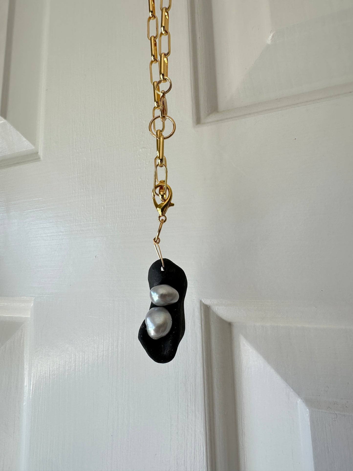Black Ceramic Form & Baroque Pearl Pendant on Gold Paperclip Chain
