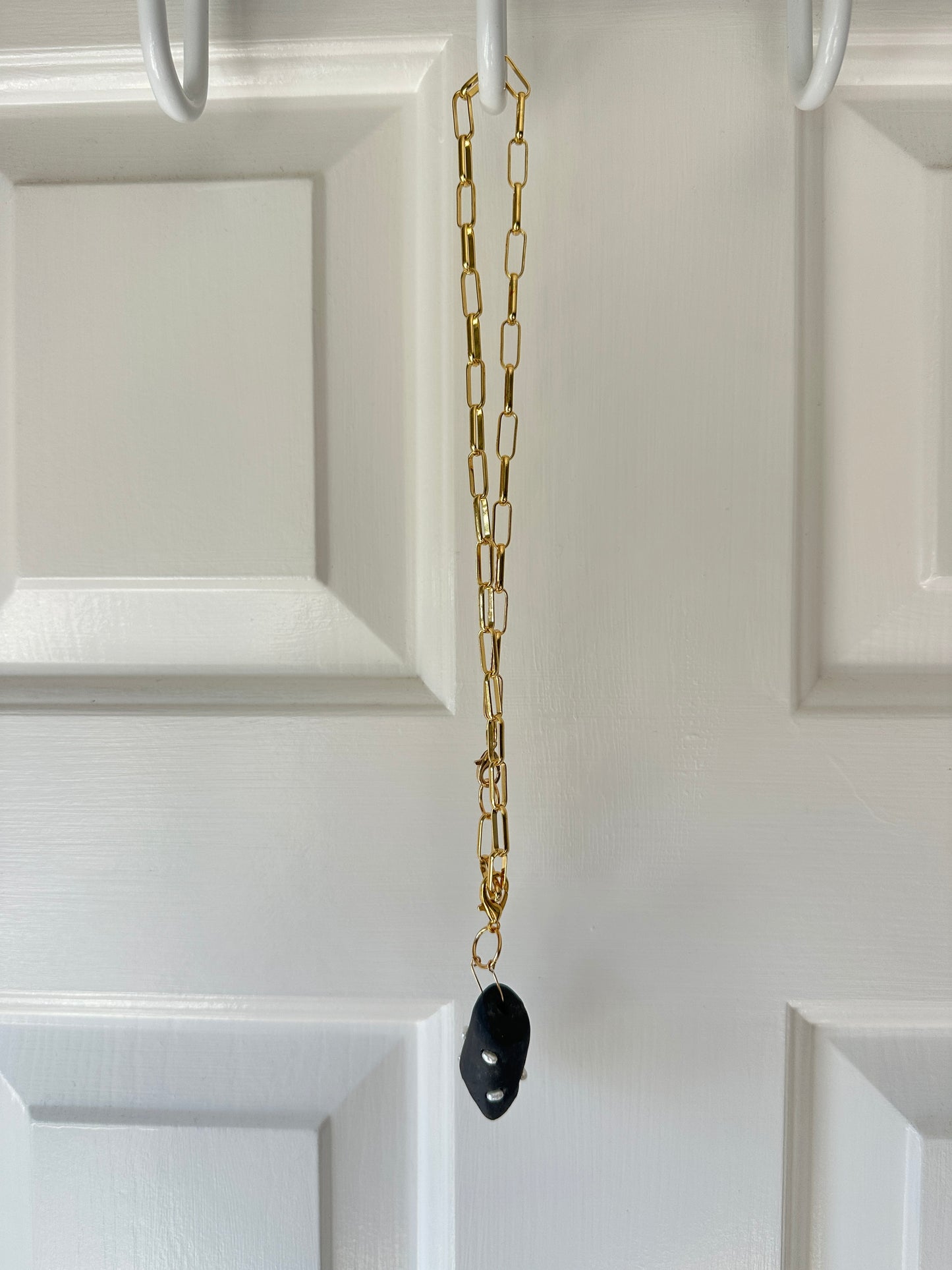 Black Ceramic Form & Small Pearl Pendant on Gold Paperclip Chain