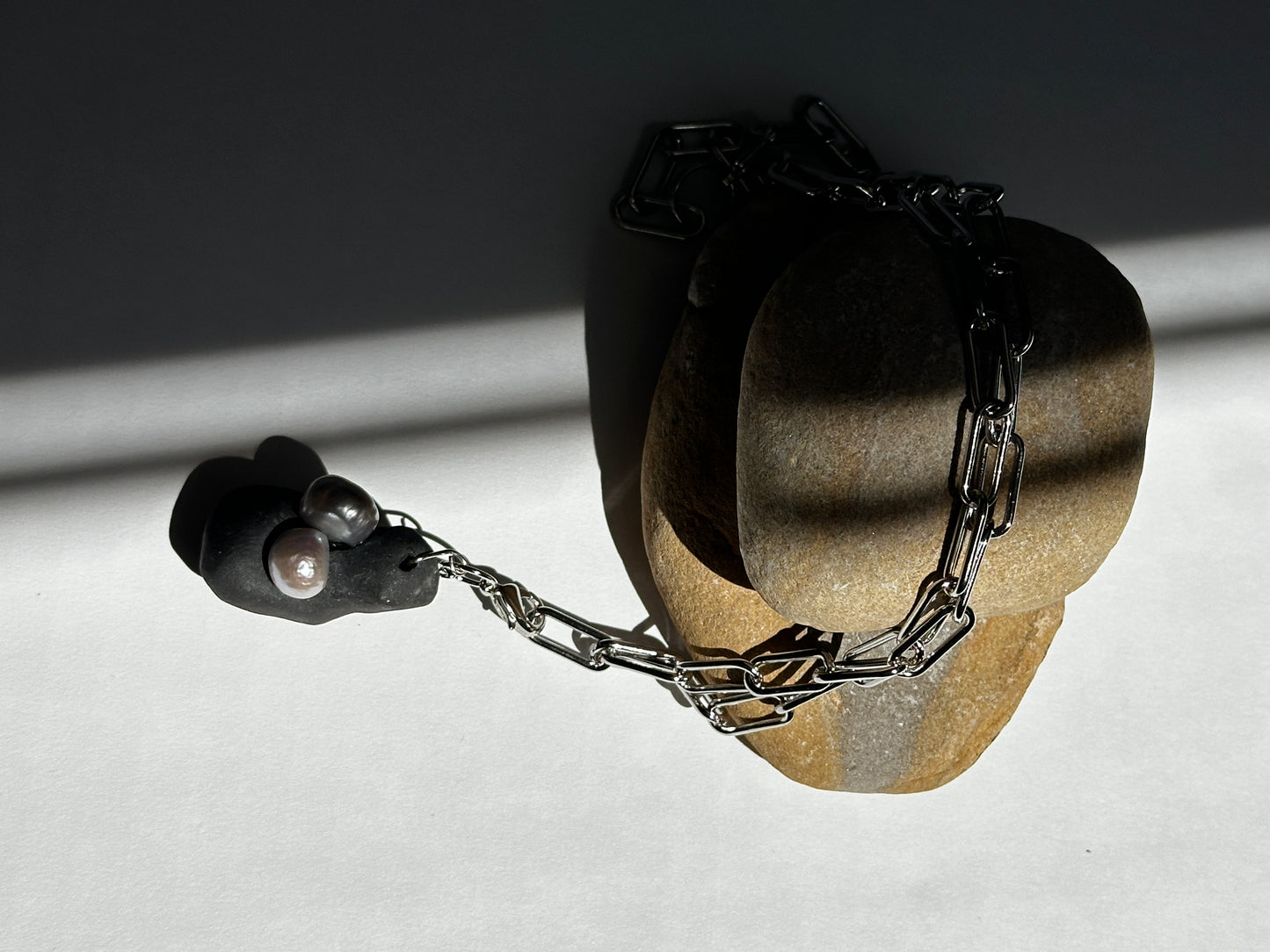 Black Ceramic Form & Pearl Pendant on Silver Paperclip Chain