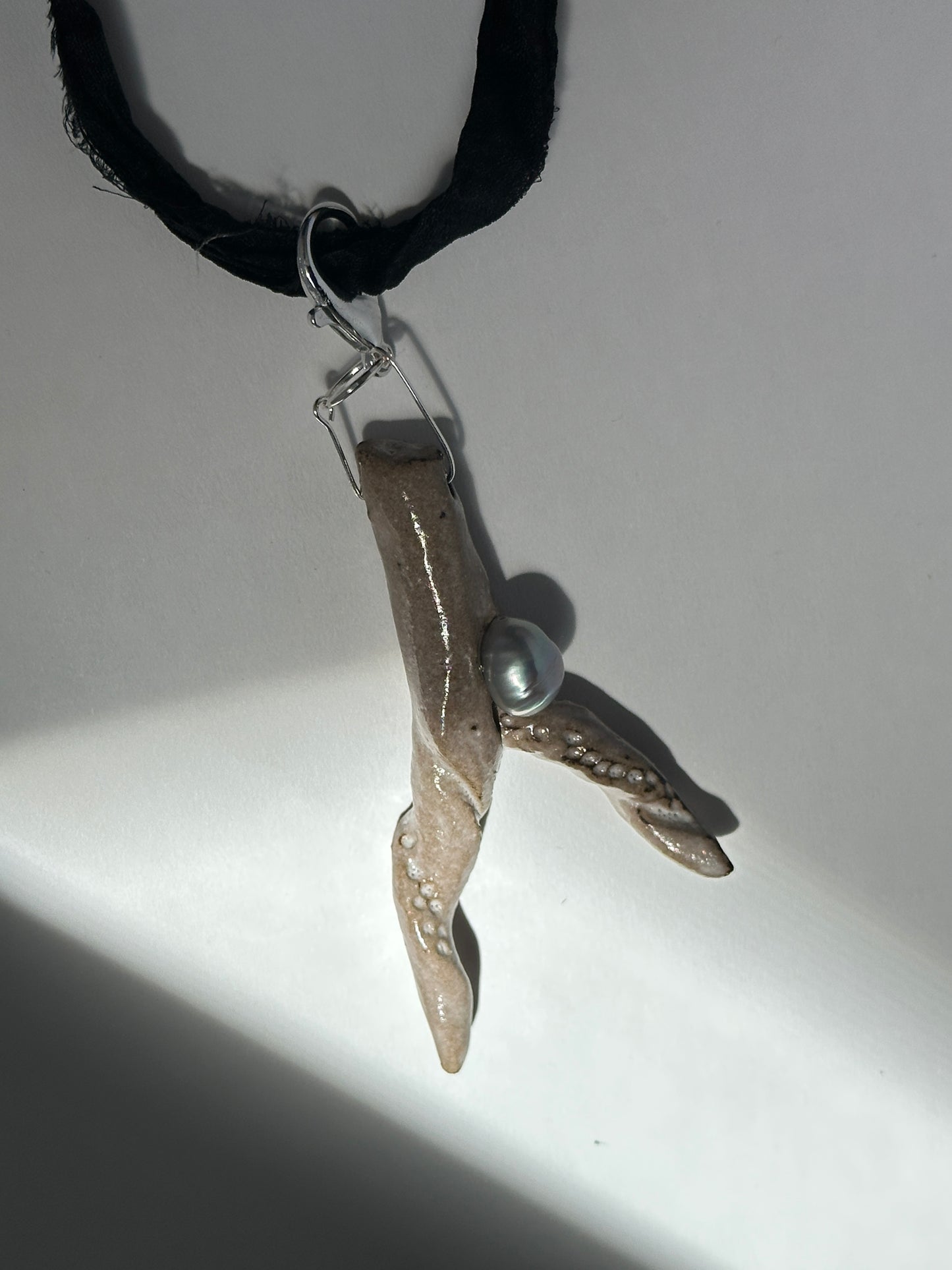 Taupe Ceramic Driftwood & Baroque Pearl Pendant on Raw Silk Cord