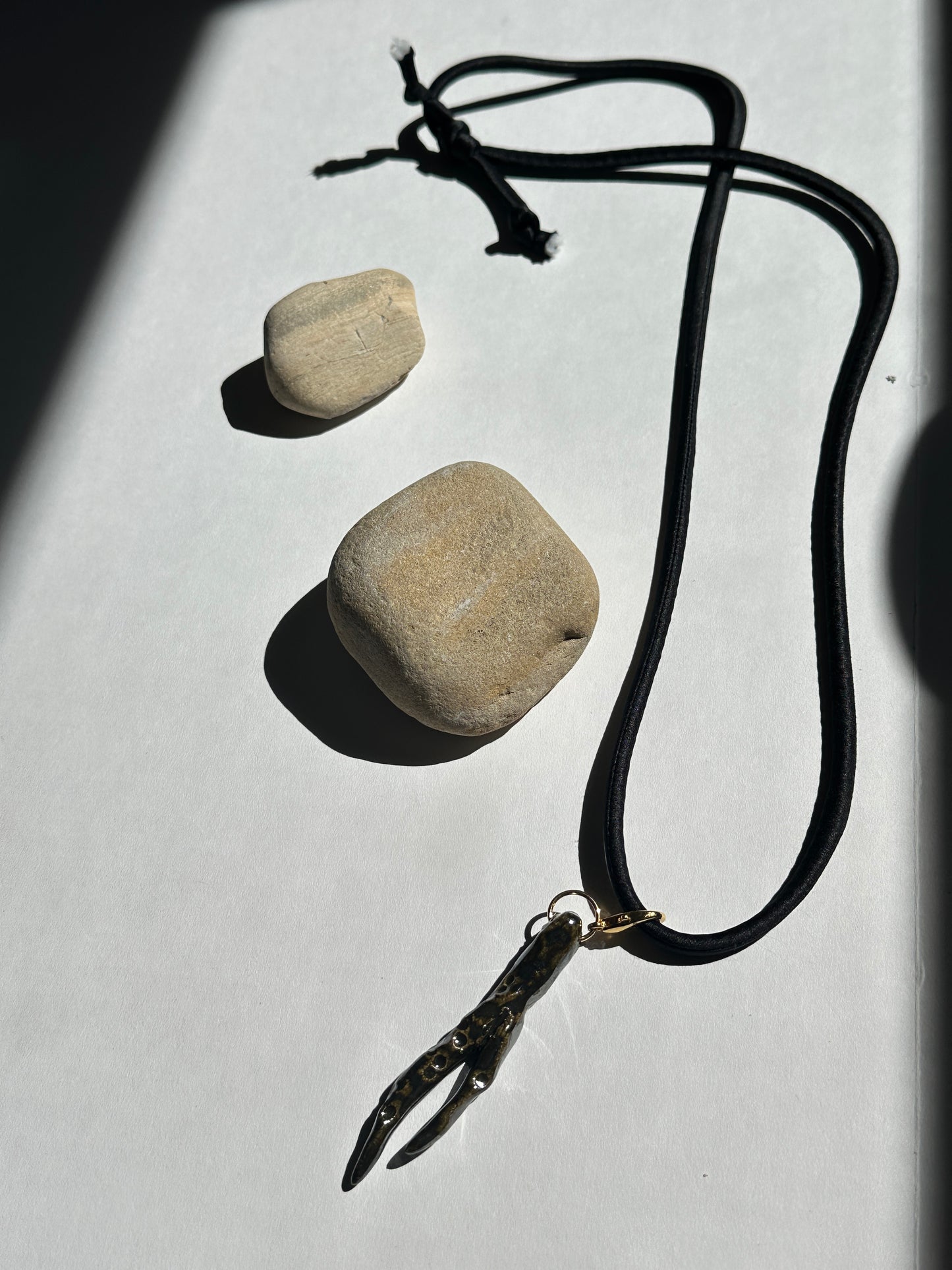 Ceramic Chrome Metalic Driftwood Pendant Necklace on Black Silk Cord