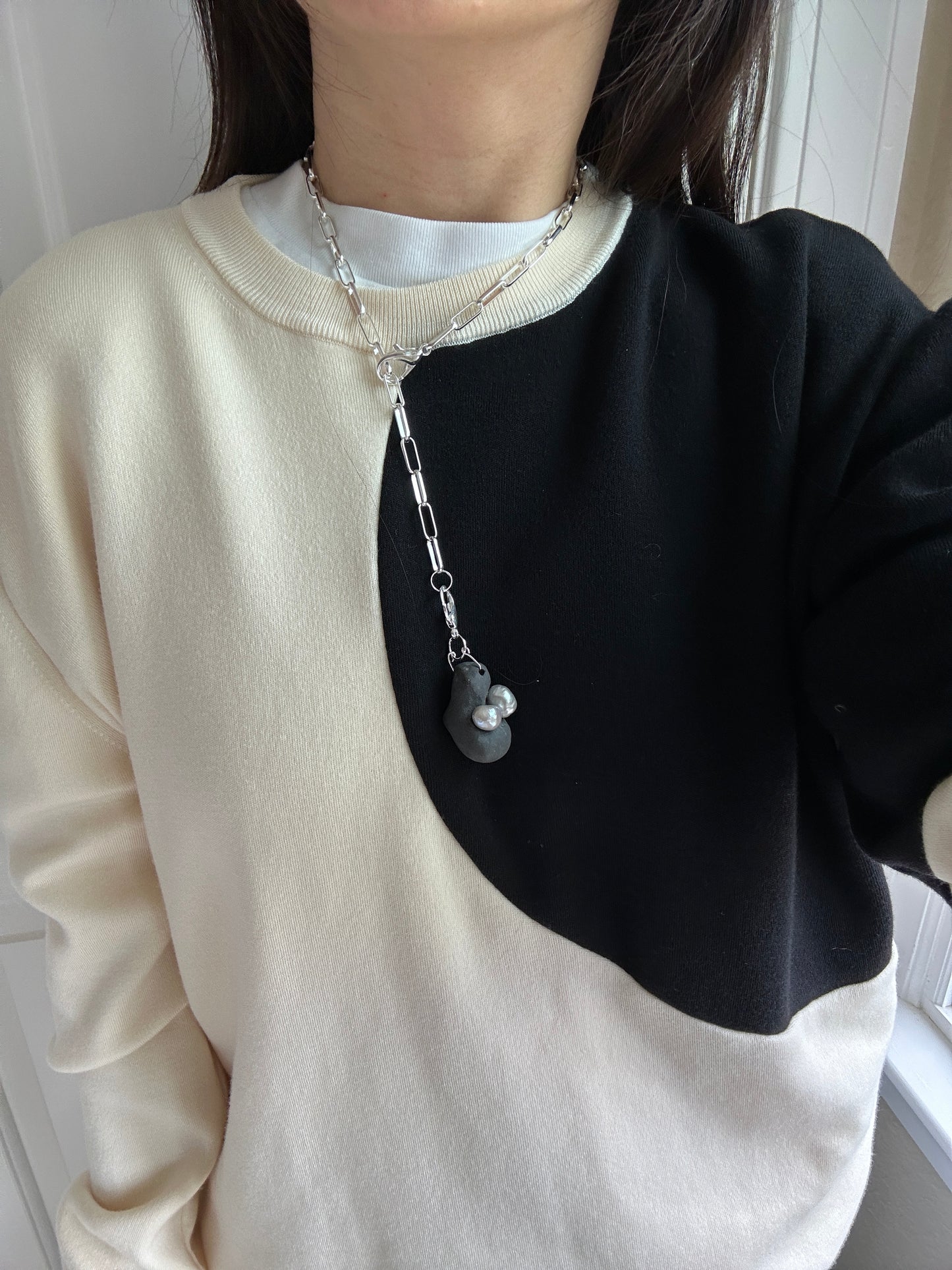 Black Ceramic Form & Pearl Pendant on Silver Paperclip Chain