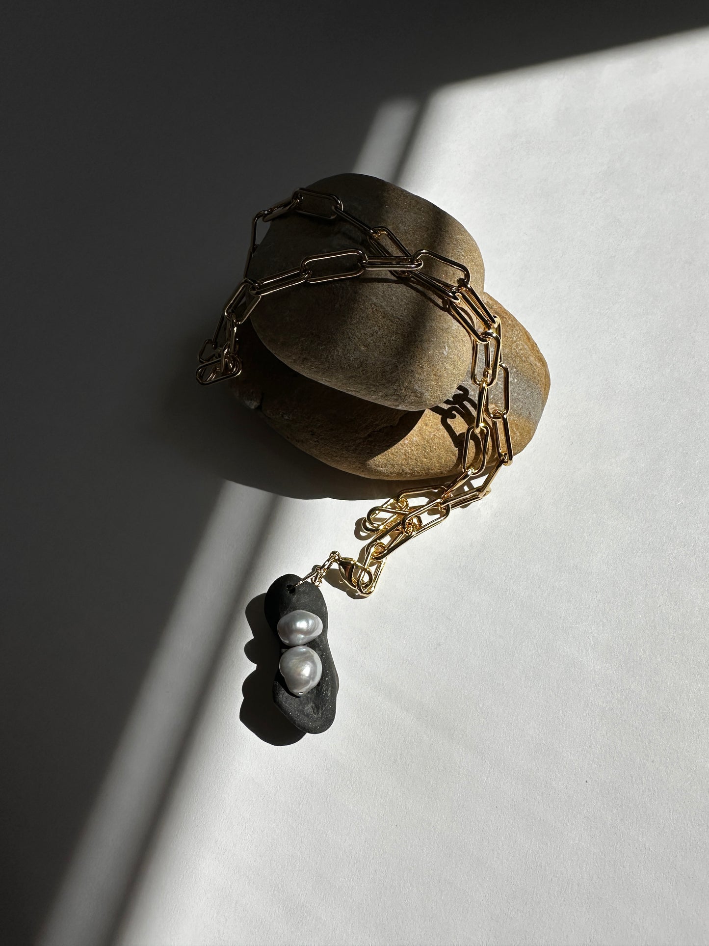 Black Ceramic Form & Baroque Pearl Pendant on Gold Paperclip Chain