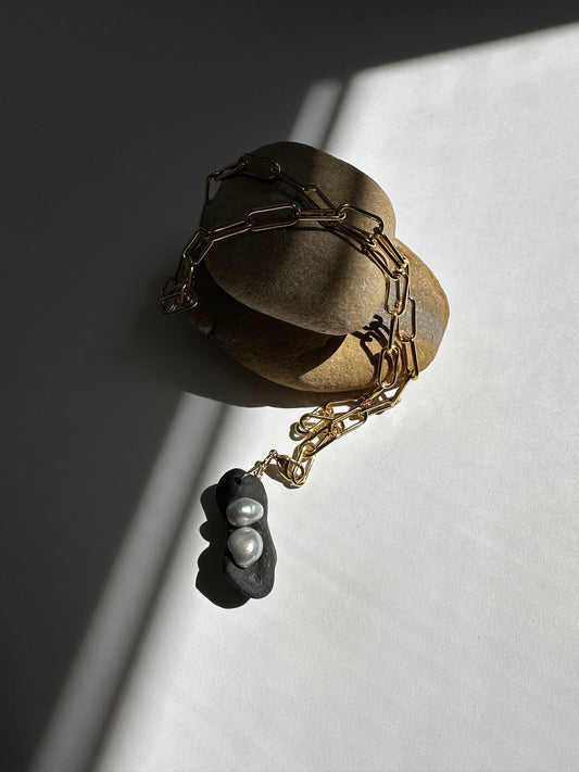 Black Ceramic Form & Baroque Pearl Pendant on Gold Paperclip Chain