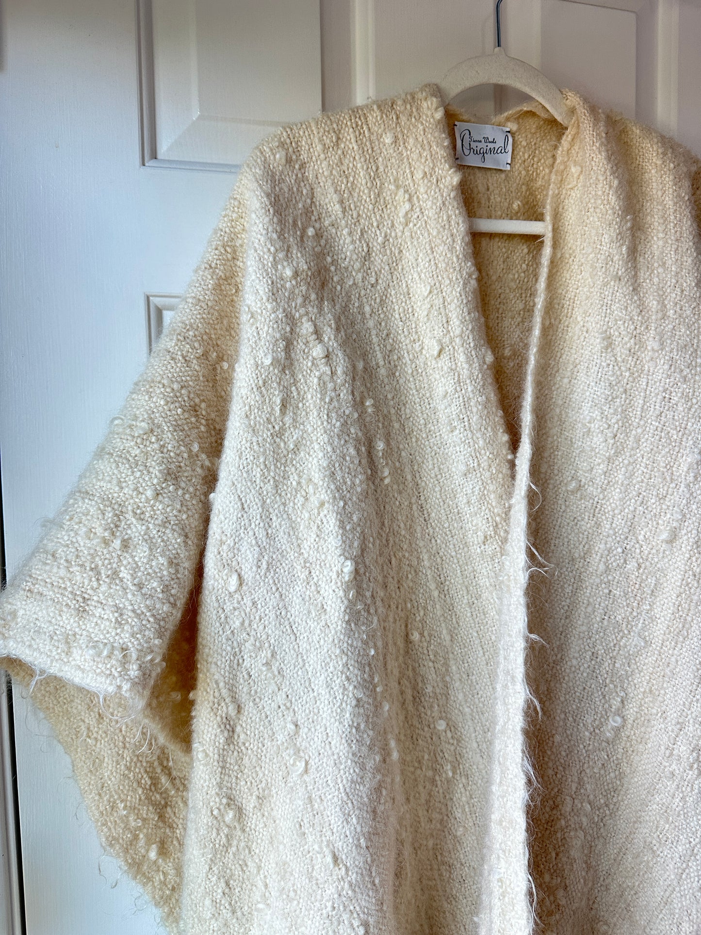 Mohair Wool Hand Loomed Shawl, Ruana, Blanket Wrap by Tierra Wools Original in White Cream