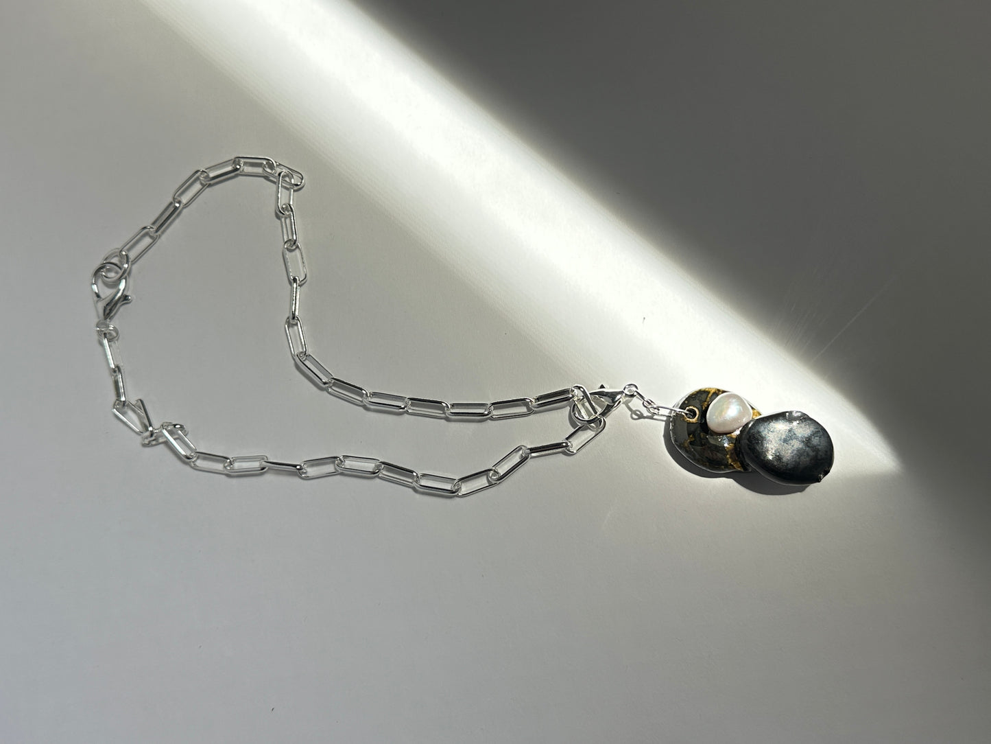 Stacked Ceramic Cobbles & Baroque Pearl Pendant on Silver Paperclip Chain