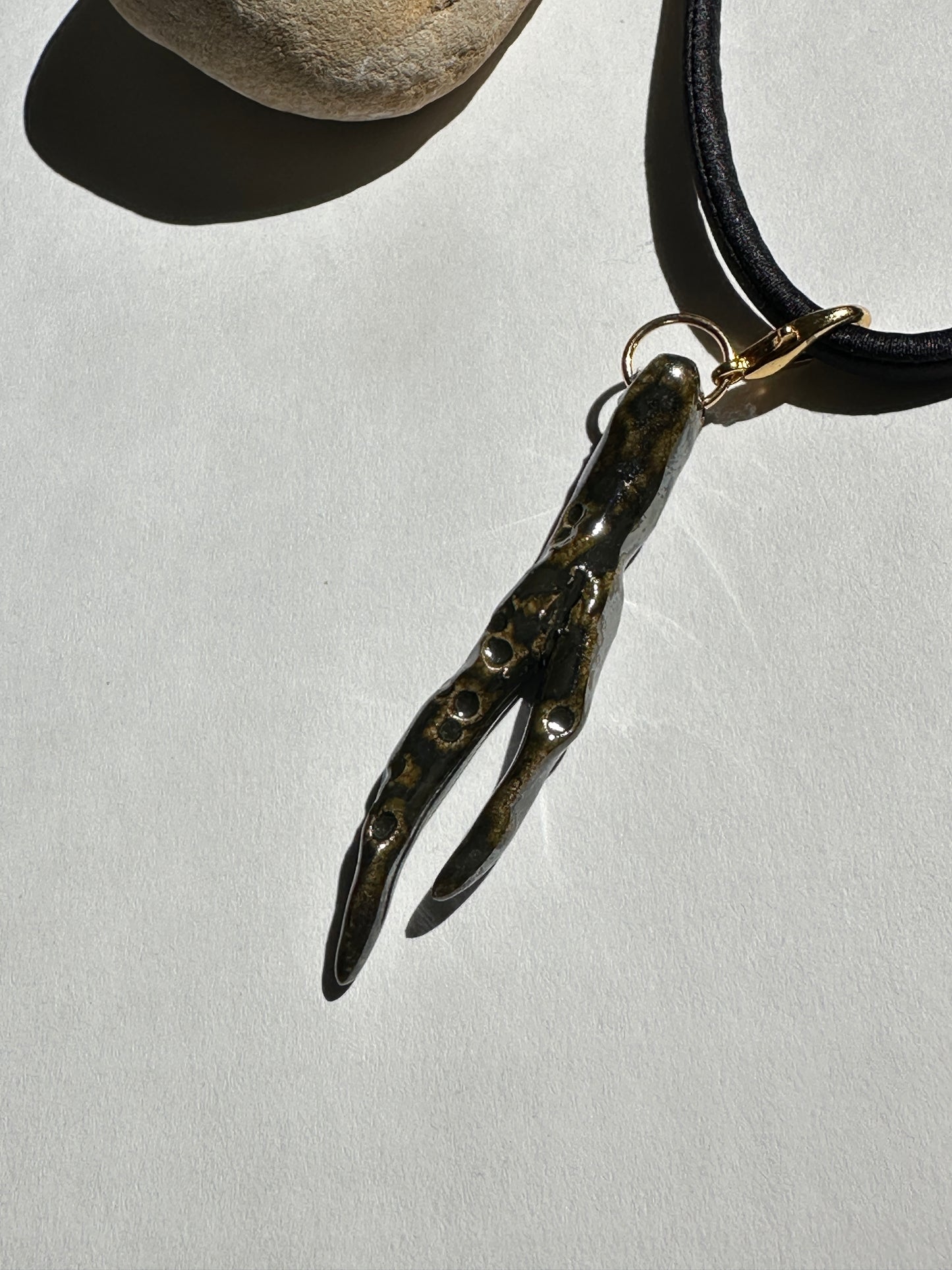 Ceramic Chrome Metalic Driftwood Pendant Necklace on Black Silk Cord