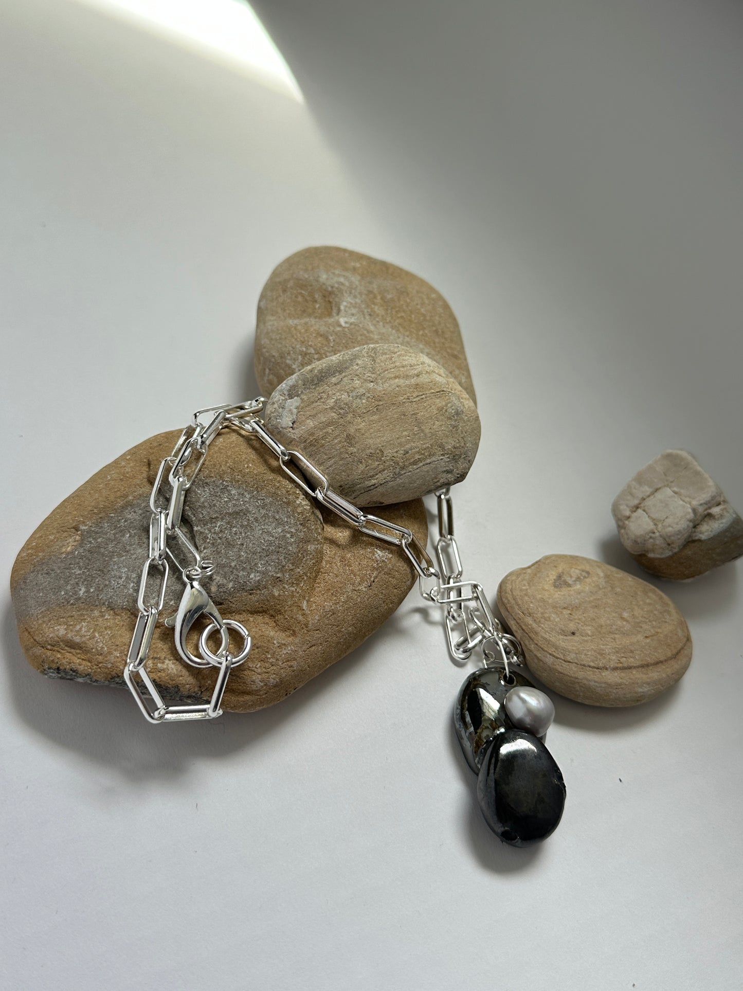 Stacked Ceramic Cobbles & Baroque Pearl Pendant on Silver Paperclip Chain