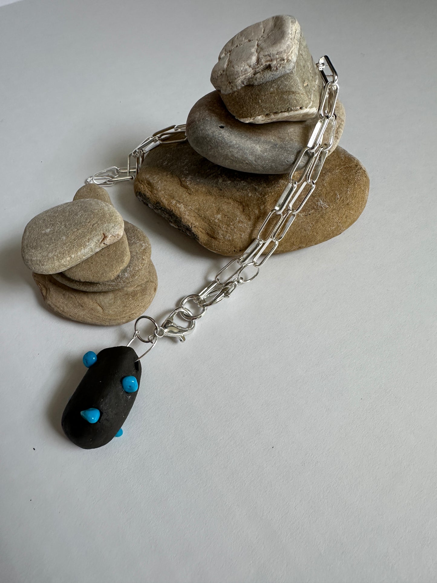 Black Ceramic Form & Turquoise Stone Pendant on Silver Paperclip Chain