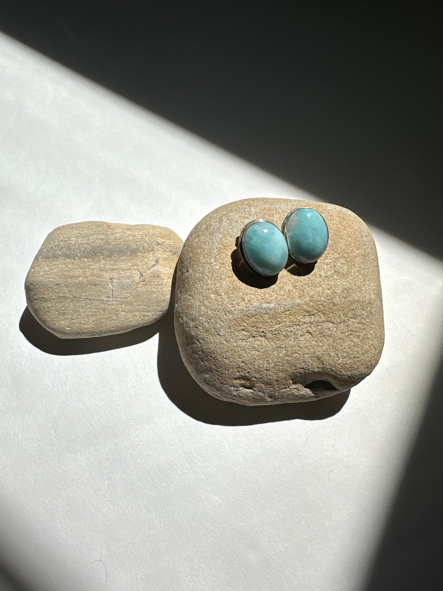 Vintage Larimar Oval Cabochon Sterling Silver Stud Earrings