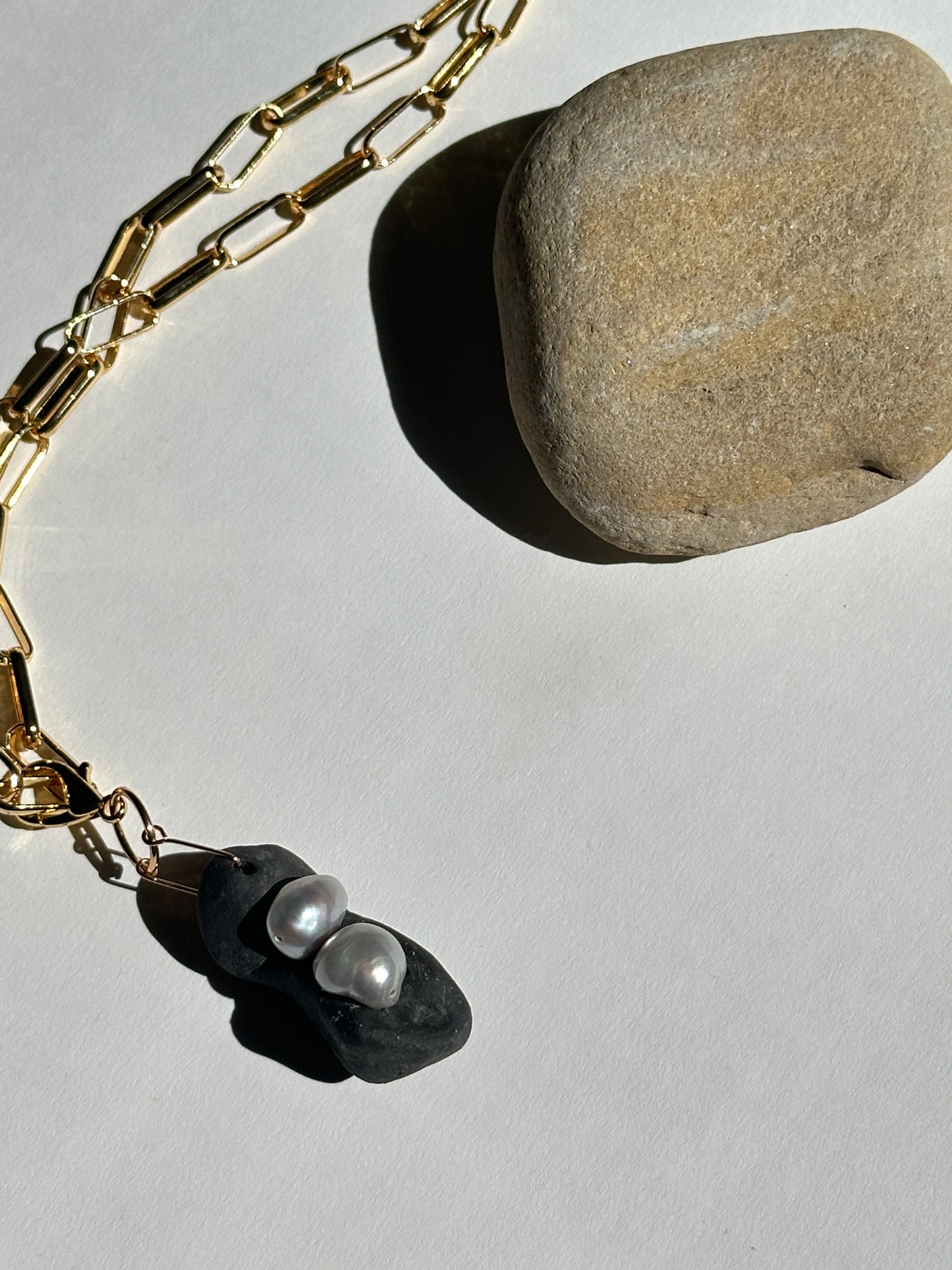 Black Ceramic Form & Baroque Pearl Pendant on Gold Paperclip Chain
