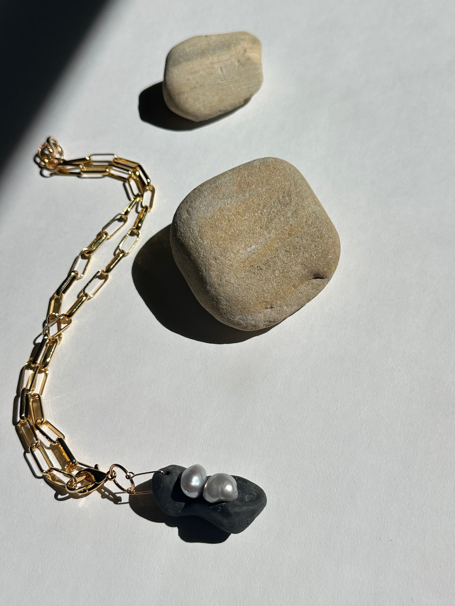 Black Ceramic Form & Baroque Pearl Pendant on Gold Paperclip Chain