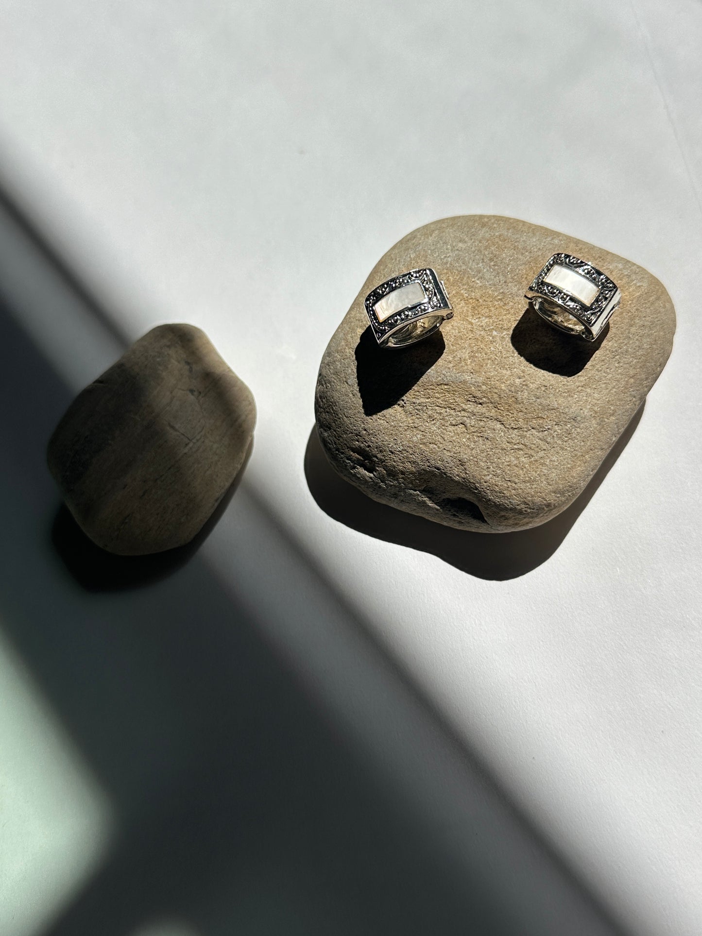 Vintage Mother of Pearl Rectangle Stud Earrings with Marcasite Border