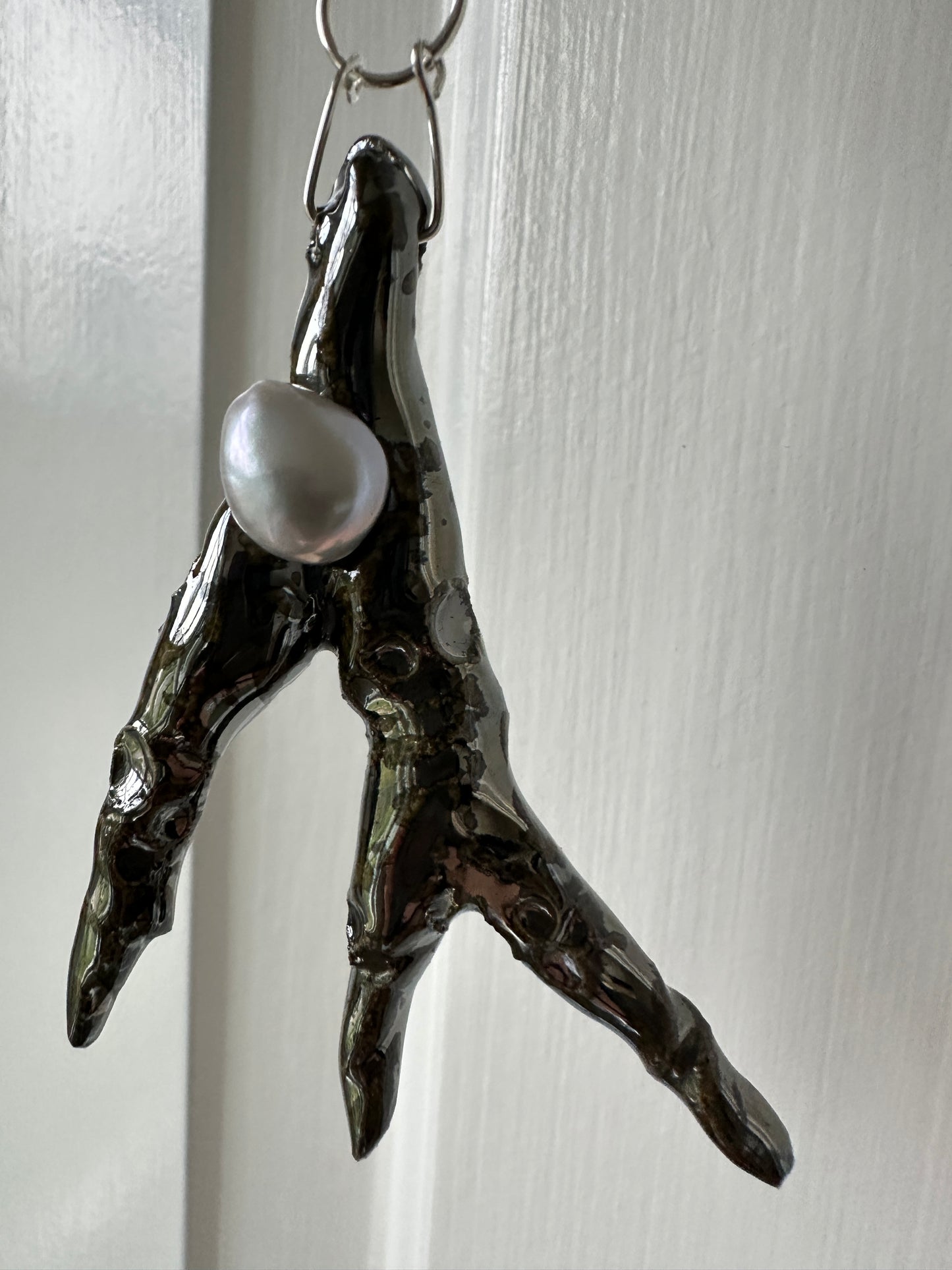 Ceramic Chrome Metalic Driftwood Pendant Necklace With Baroque Pearl on Black Silk Cord