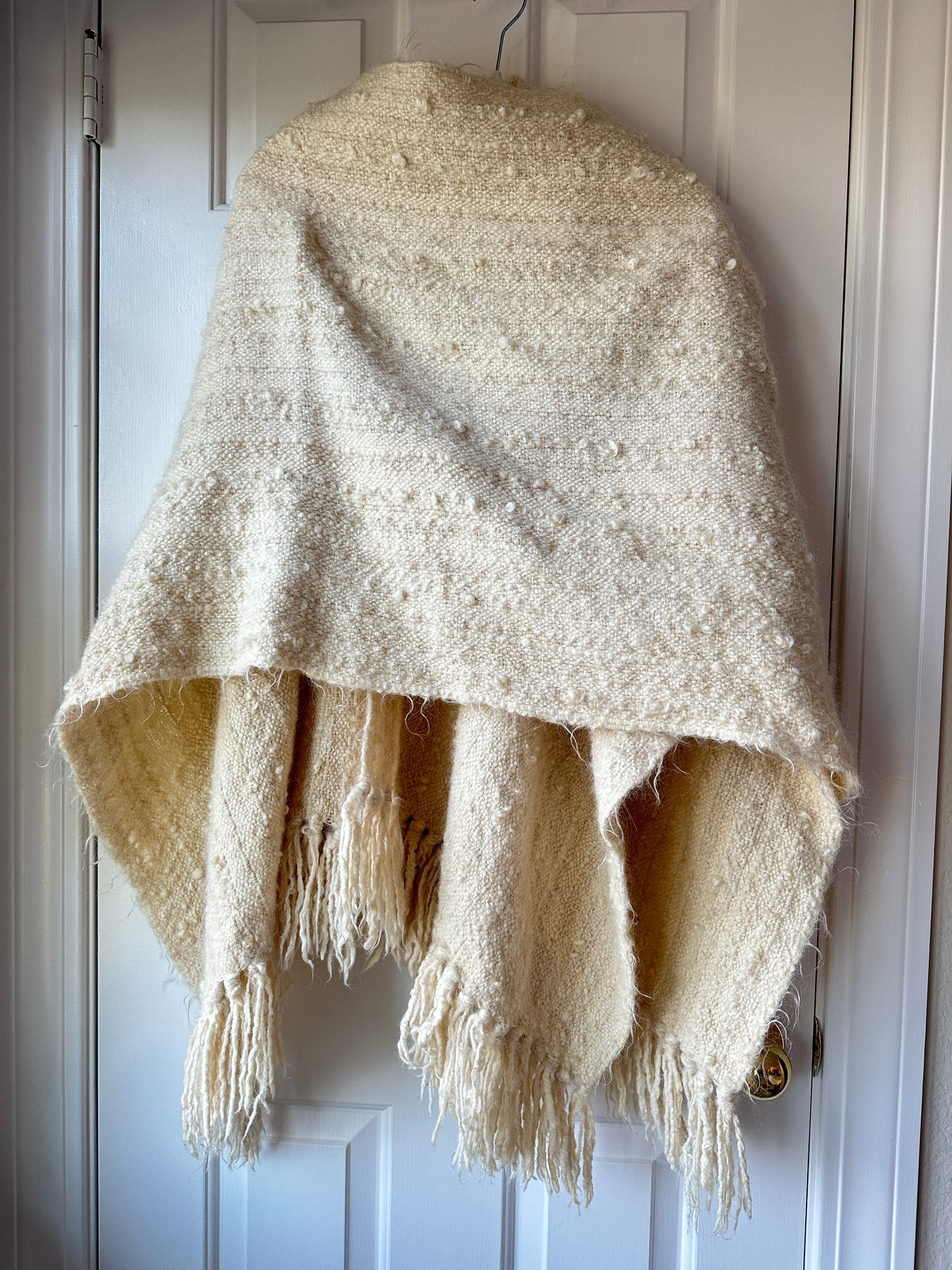 Mohair Wool Hand Loomed Shawl, Ruana, Blanket Wrap by Tierra Wools Original in White Cream
