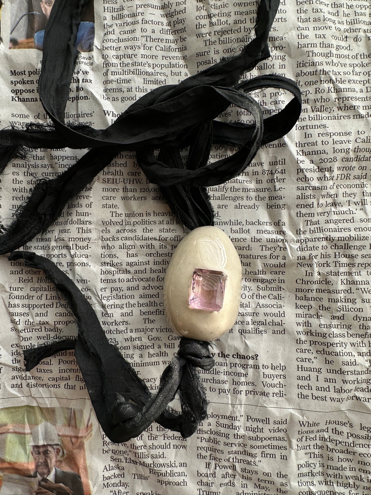 Ceramic Egg Pendant Necklace Sari Silk