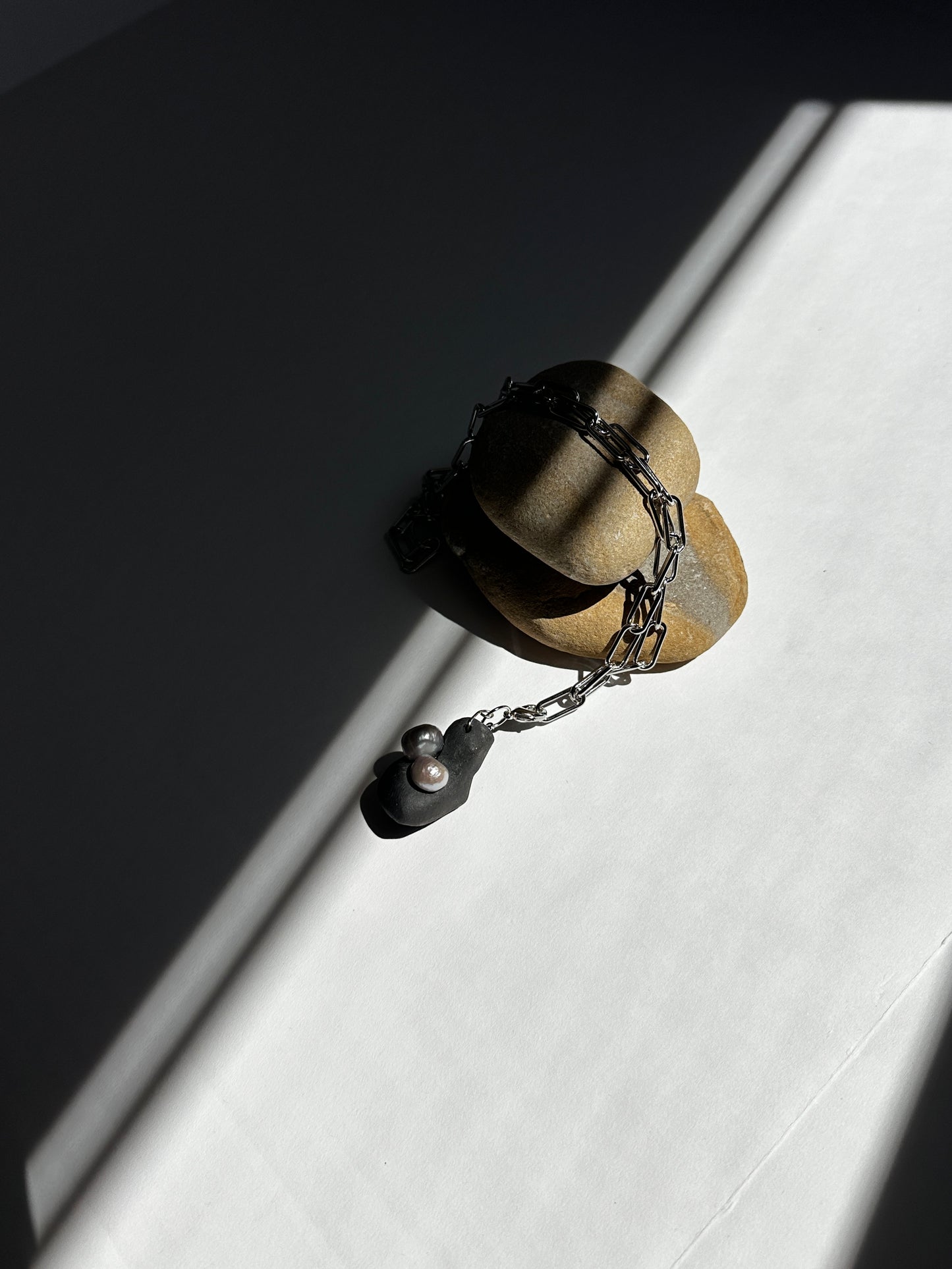 Black Ceramic Form & Pearl Pendant on Silver Paperclip Chain