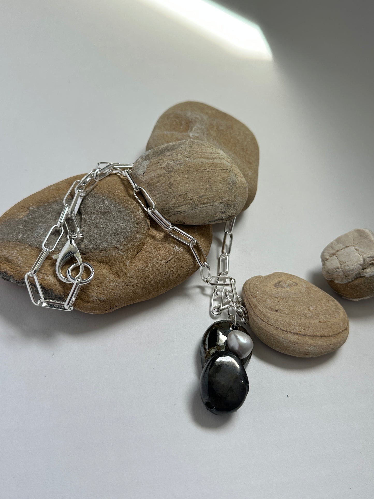 Stacked Ceramic Cobbles & Baroque Pearl Pendant on Silver Paperclip Chain