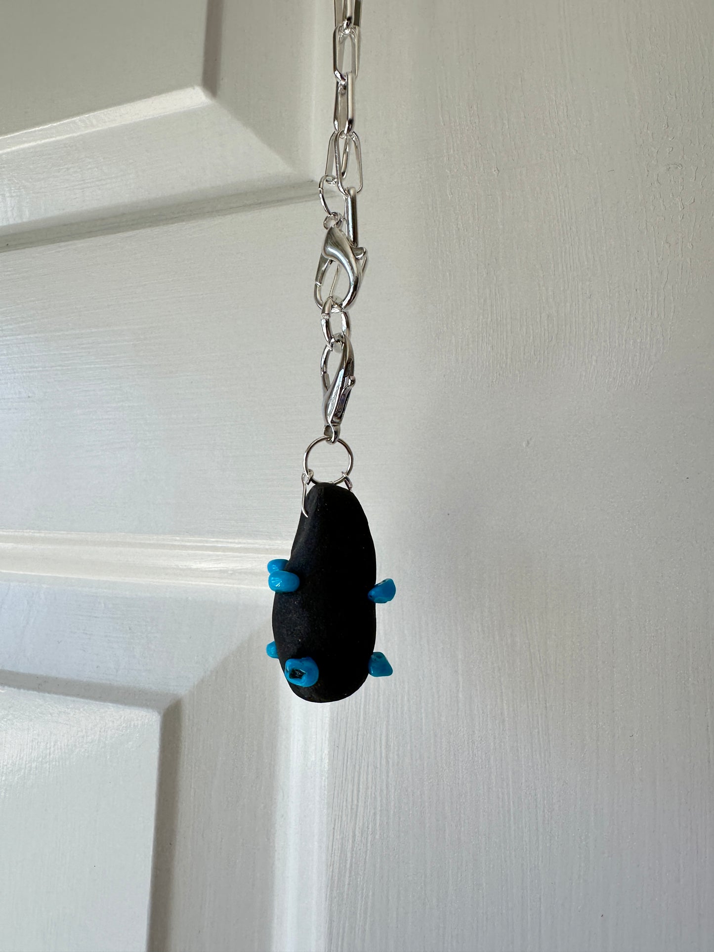 Black Ceramic Form & Turquoise Stone Pendant on Silver Paperclip Chain