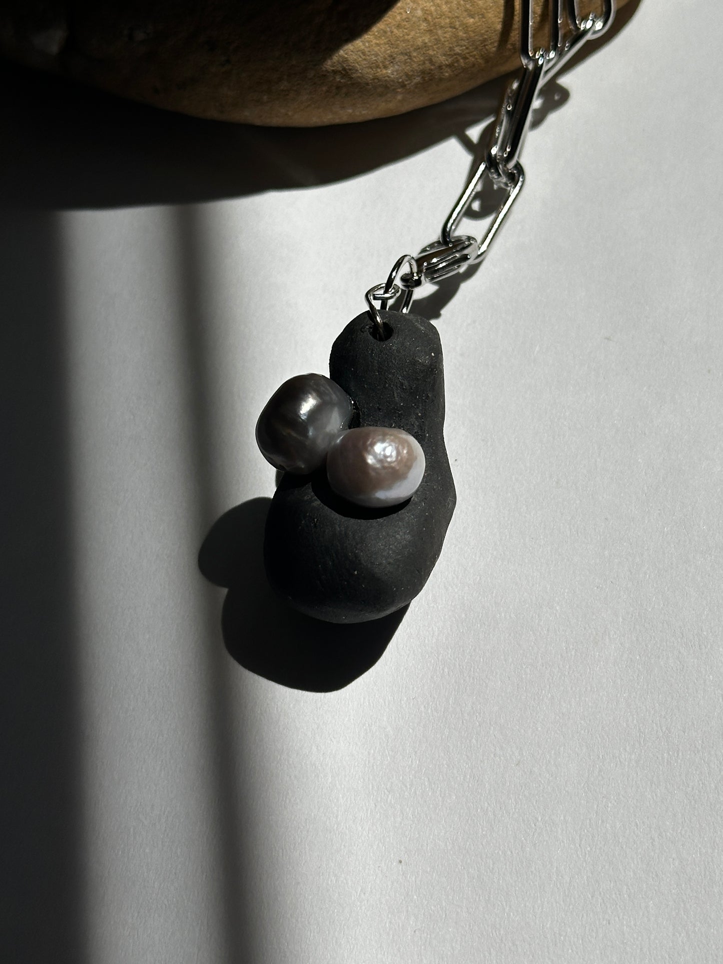 Black Ceramic Form & Pearl Pendant on Silver Paperclip Chain