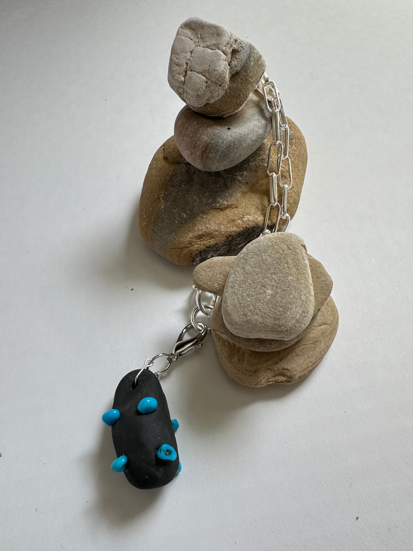Black Ceramic Form & Turquoise Stone Pendant on Silver Paperclip Chain