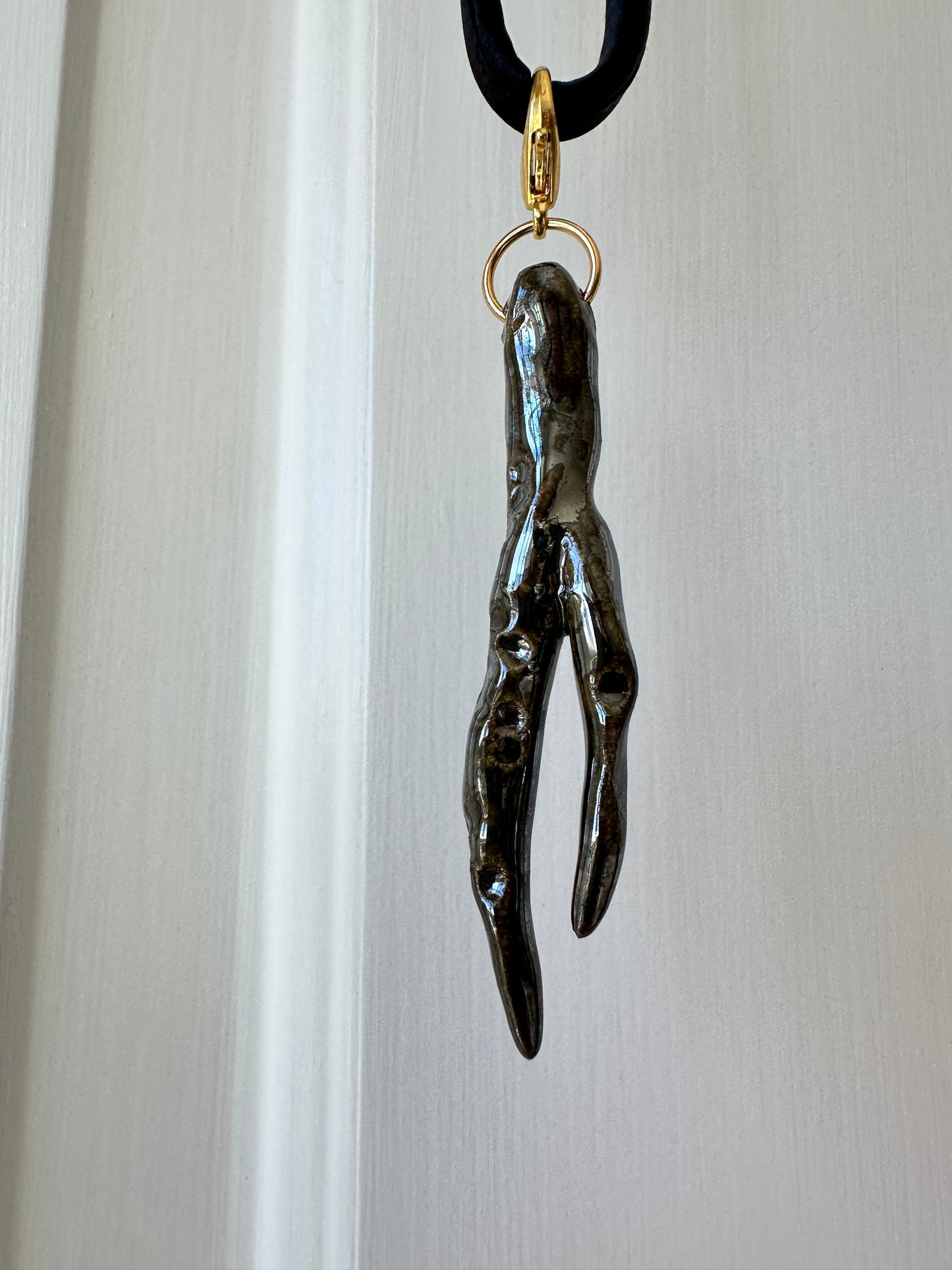 Ceramic Chrome Metalic Driftwood Pendant Necklace on Black Silk Cord