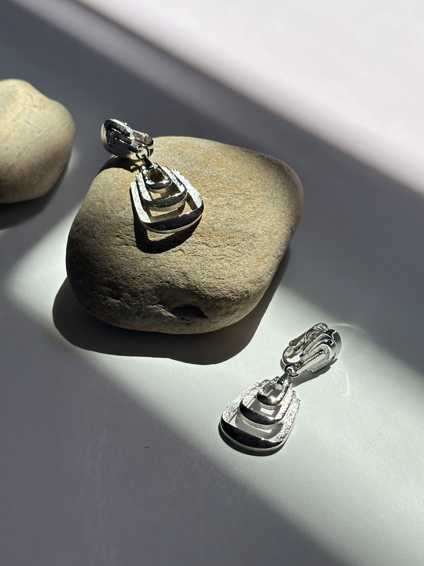 Vintage Nested Trapeze Drop Clip-On Earrings in Silver
