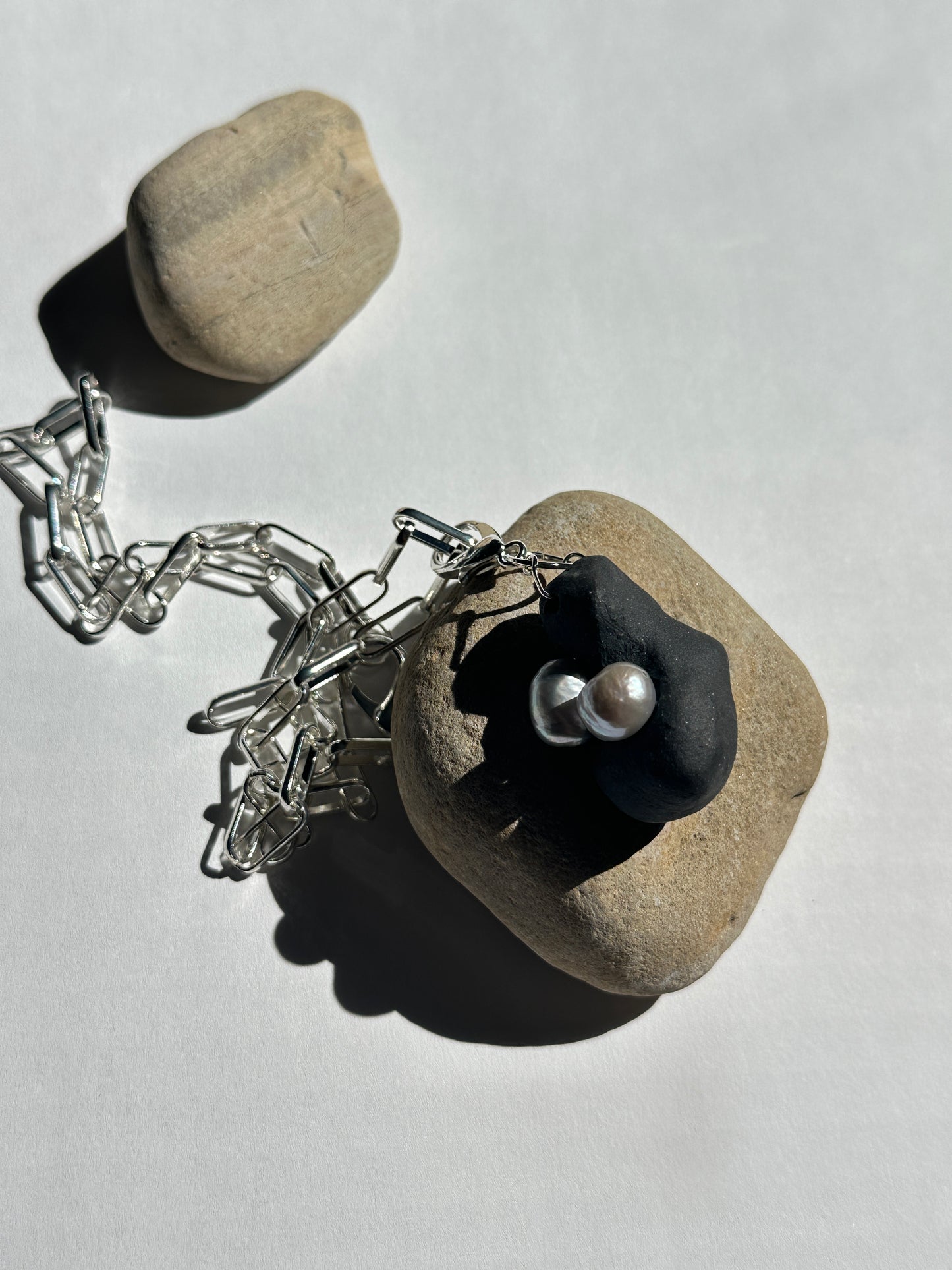 Black Ceramic Form & Pearl Pendant on Silver Paperclip Chain
