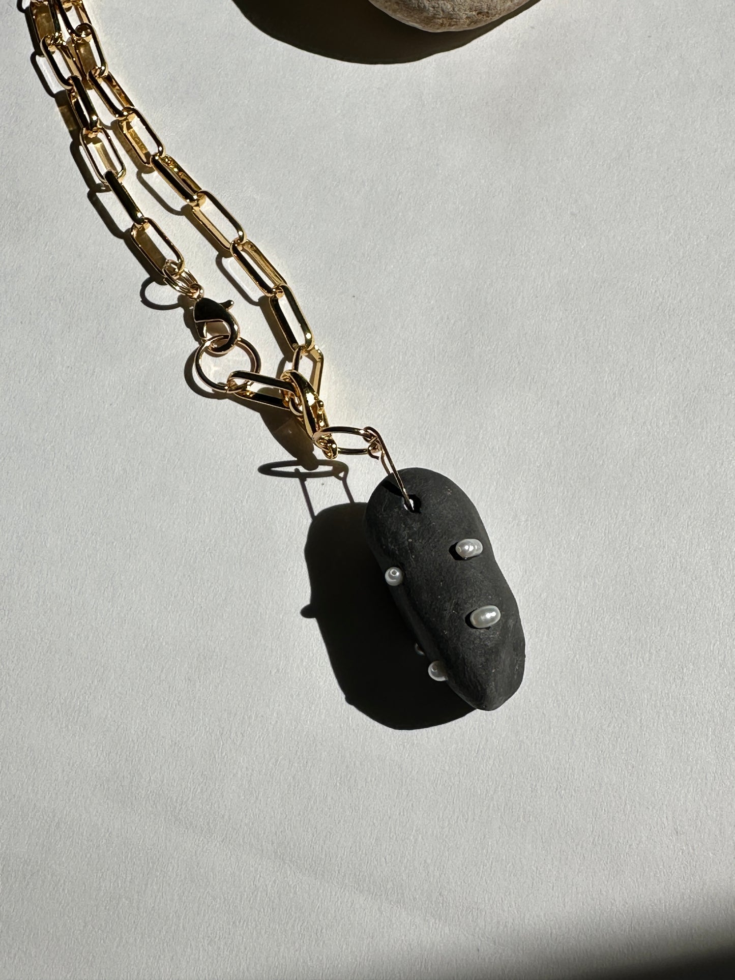 Black Ceramic Form & Small Pearl Pendant on Gold Paperclip Chain