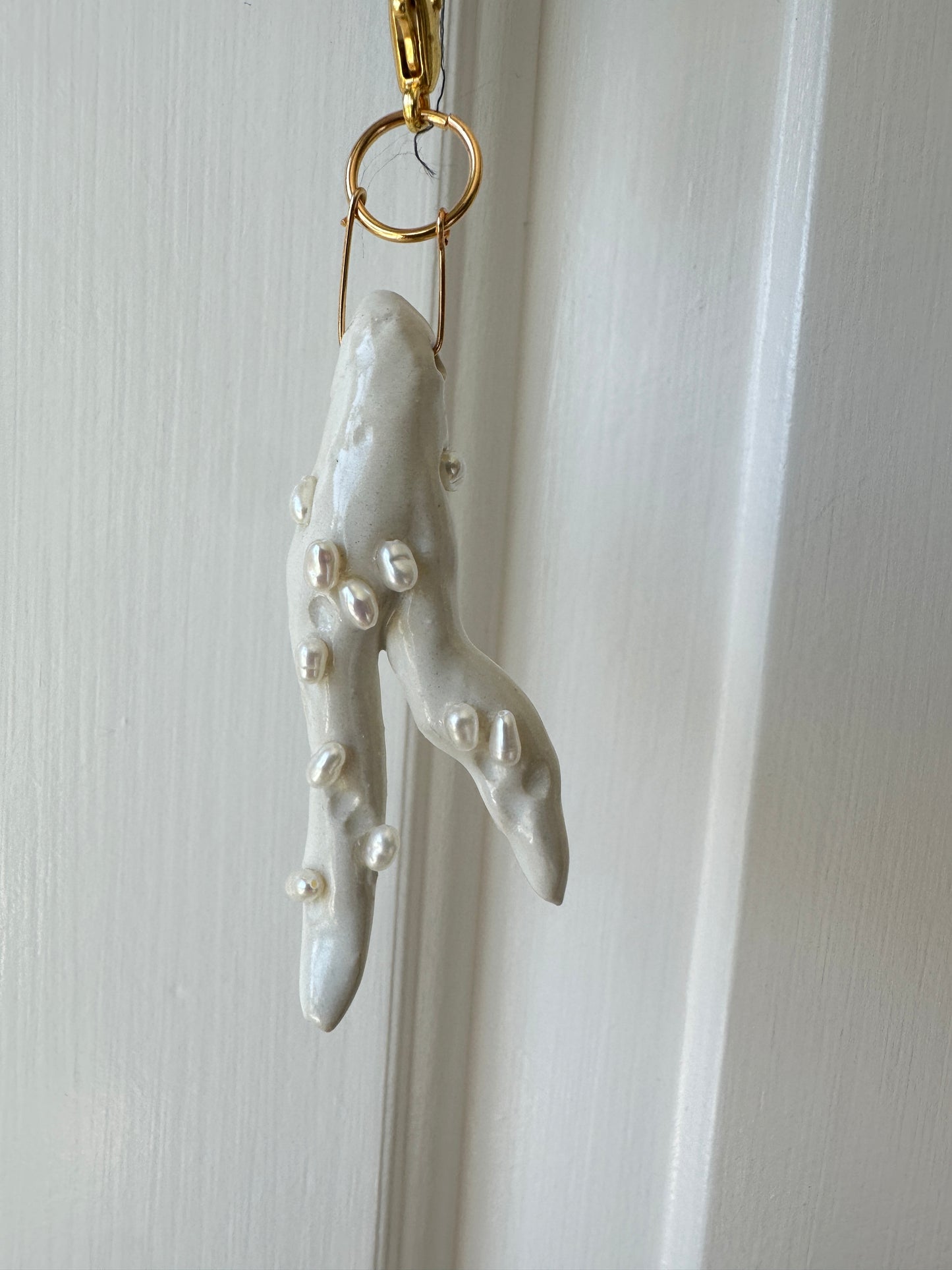 Pearl-Studded Ceramic Driftwood Pendant on Raw Silk Cord
