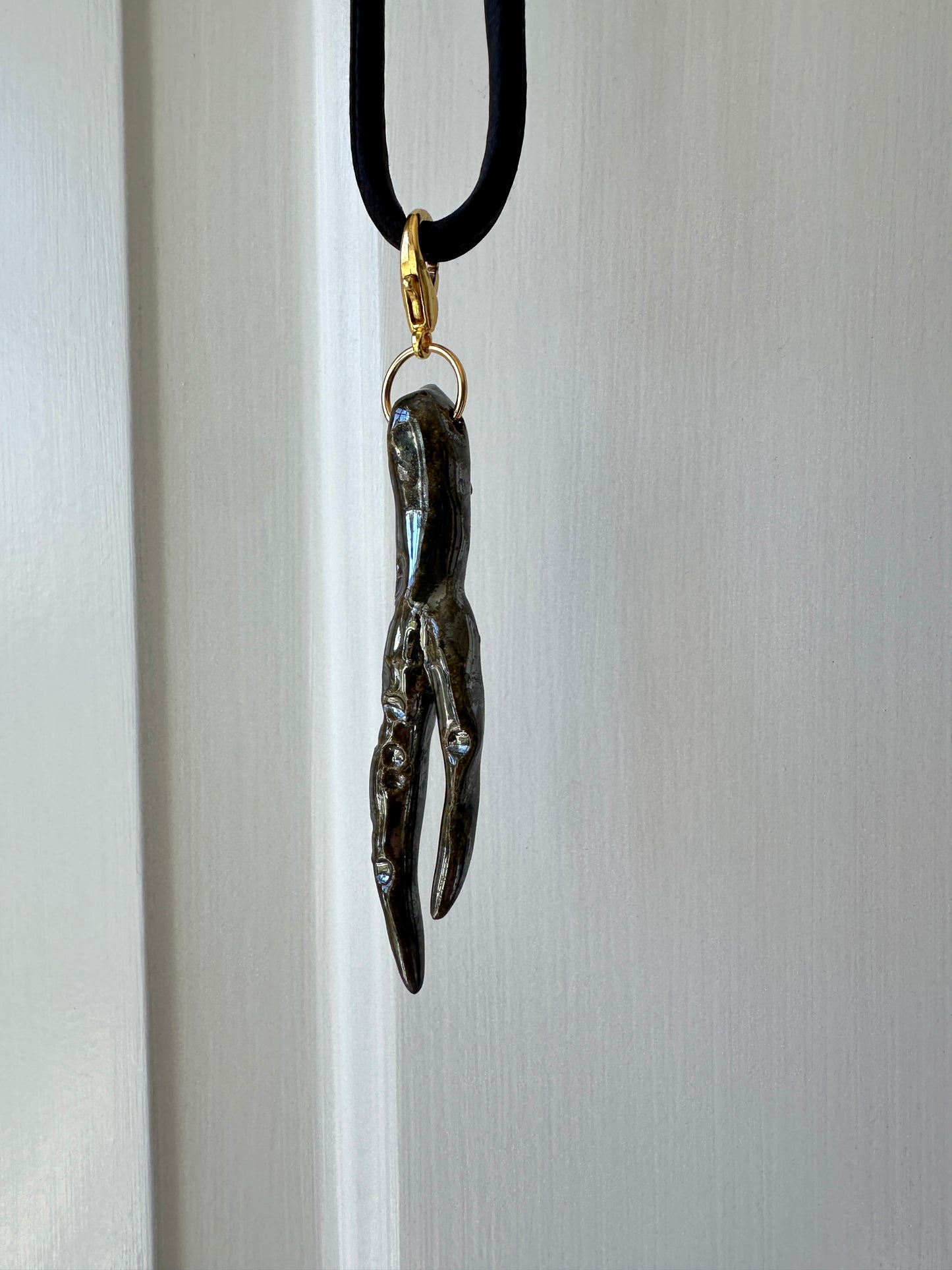 Ceramic Chrome Metalic Driftwood Pendant Necklace on Black Silk Cord
