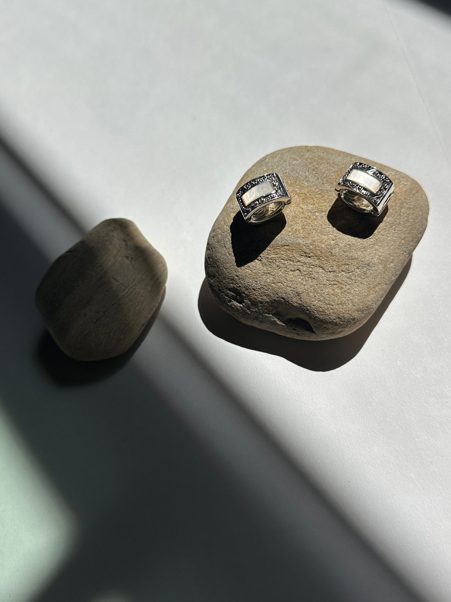 Vintage Mother of Pearl Rectangle Stud Earrings with Marcasite Border