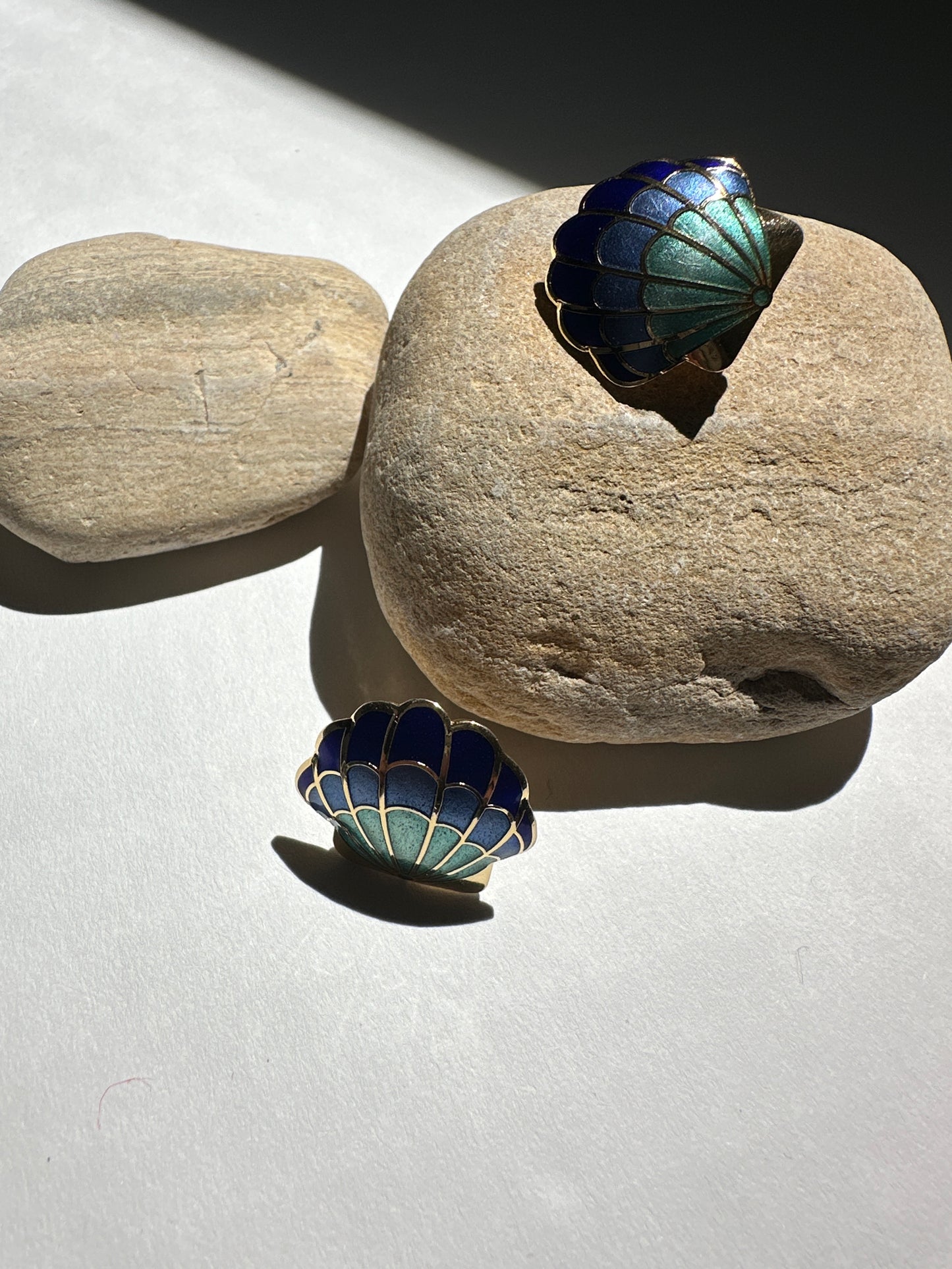 Vintage Cloisonné Scallop Shell Earrings in Teal & Cobalt