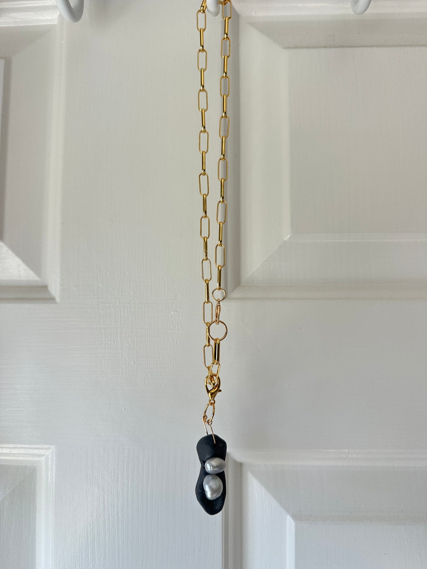 Black Ceramic Form & Baroque Pearl Pendant on Gold Paperclip Chain