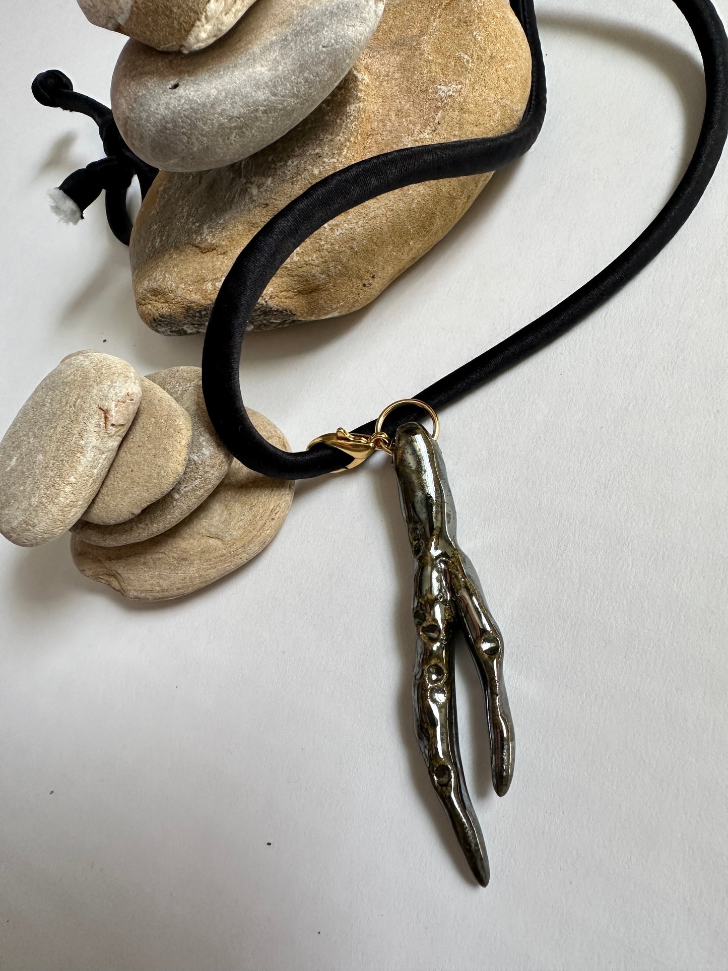 Ceramic Chrome Metalic Driftwood Pendant Necklace on Black Silk Cord
