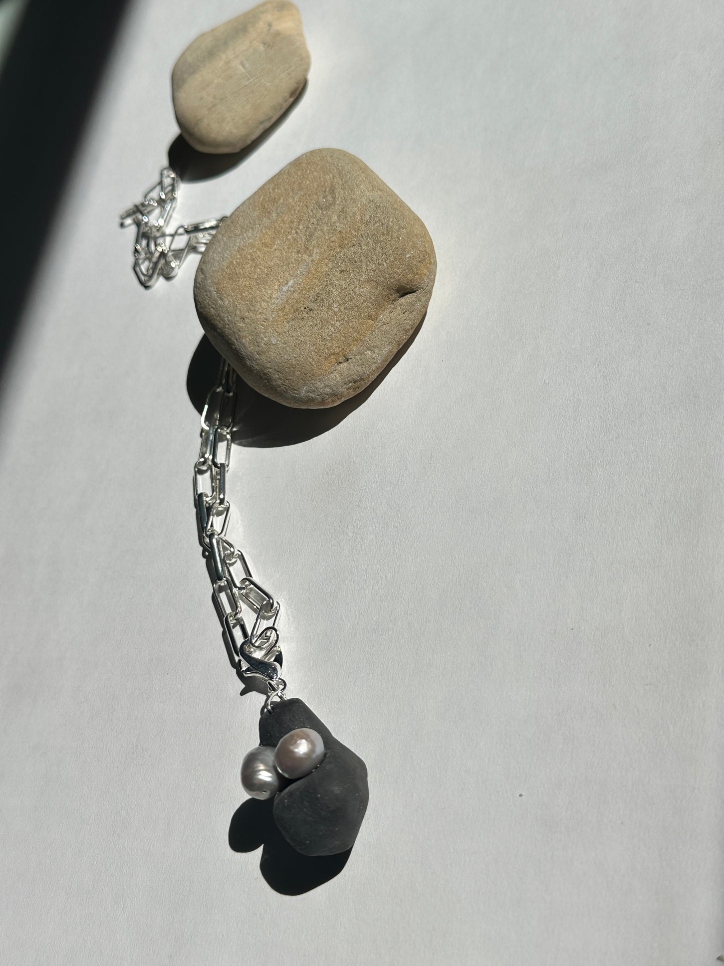 Black Ceramic Form & Pearl Pendant on Silver Paperclip Chain