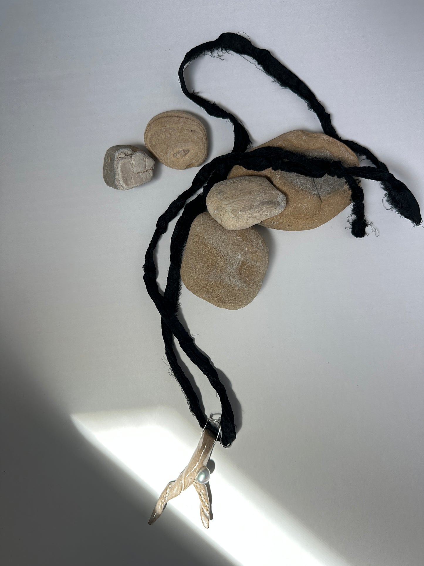 Taupe Ceramic Driftwood & Baroque Pearl Pendant on Raw Silk Cord