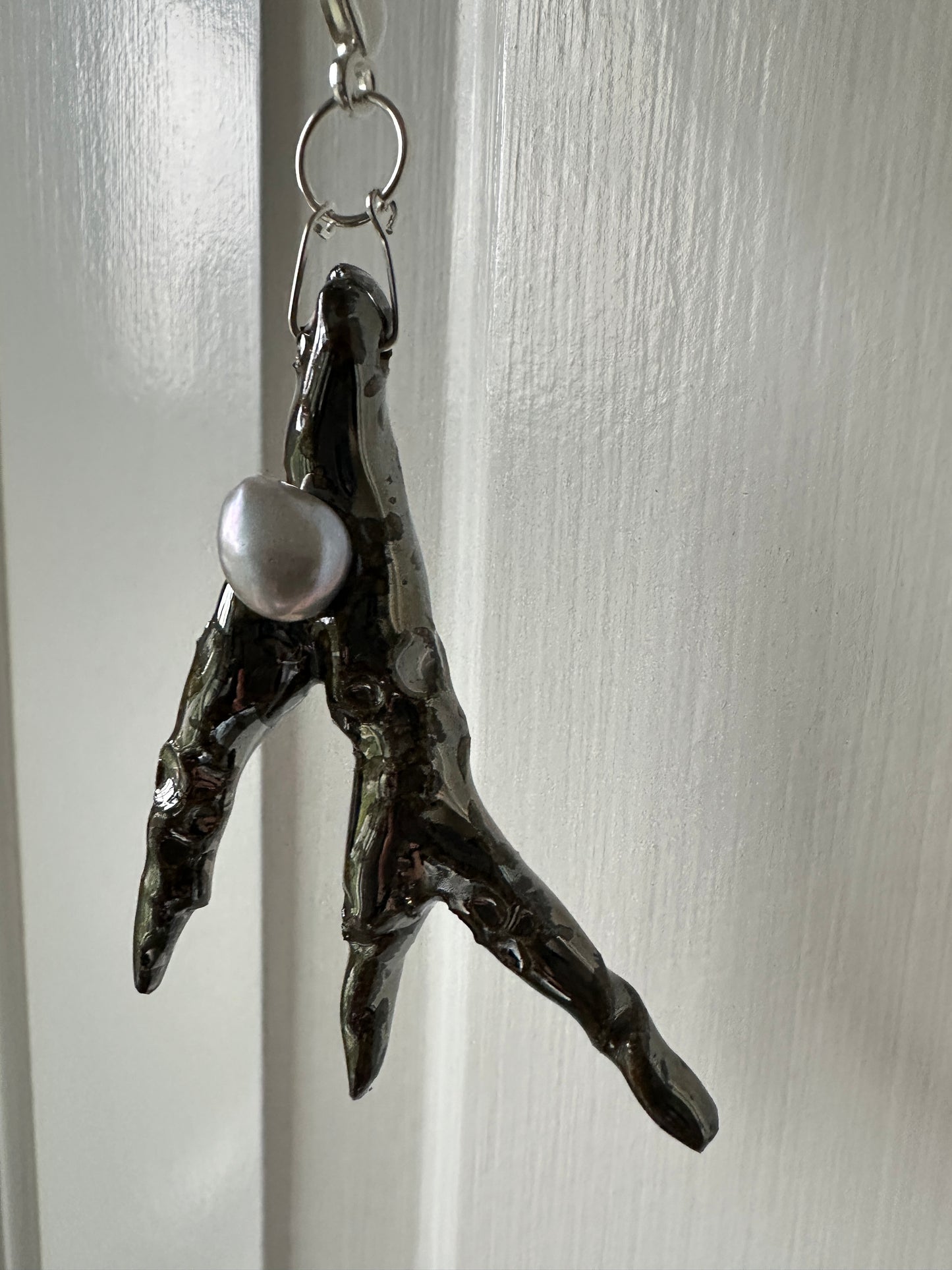 Ceramic Chrome Metalic Driftwood Pendant Necklace With Baroque Pearl on Black Silk Cord