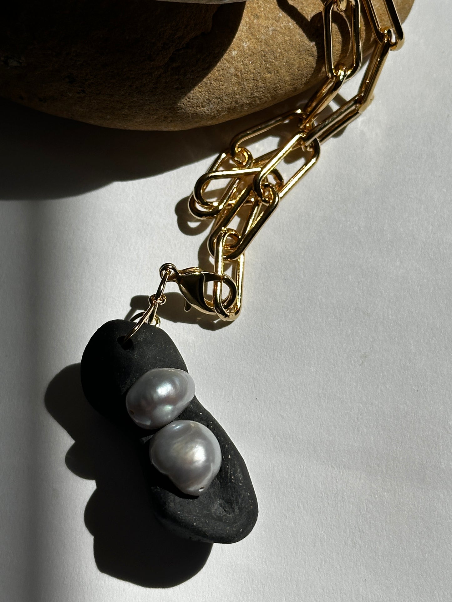 Black Ceramic Form & Baroque Pearl Pendant on Gold Paperclip Chain