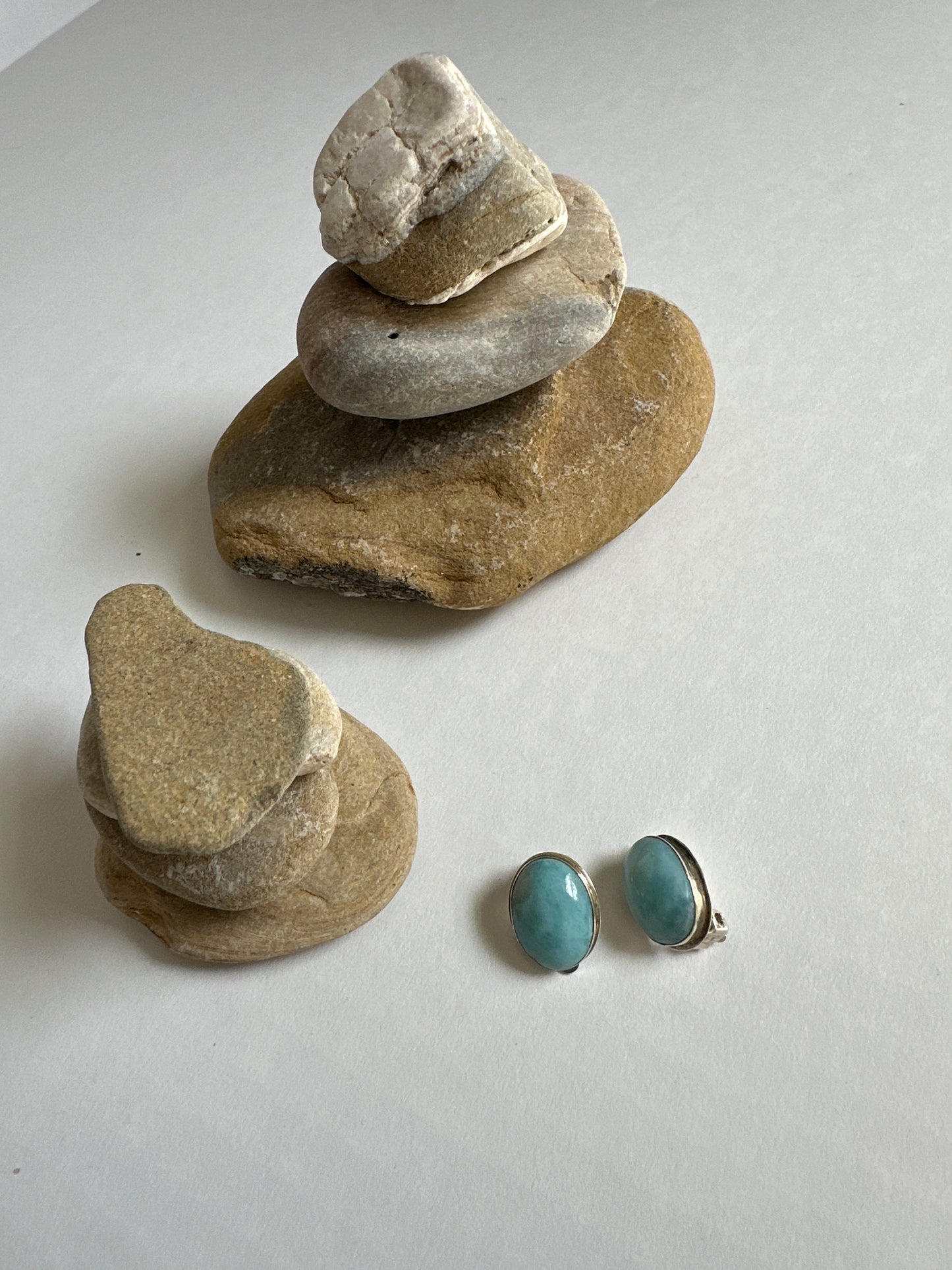 Vintage Larimar Oval Cabochon Sterling Silver Stud Earrings