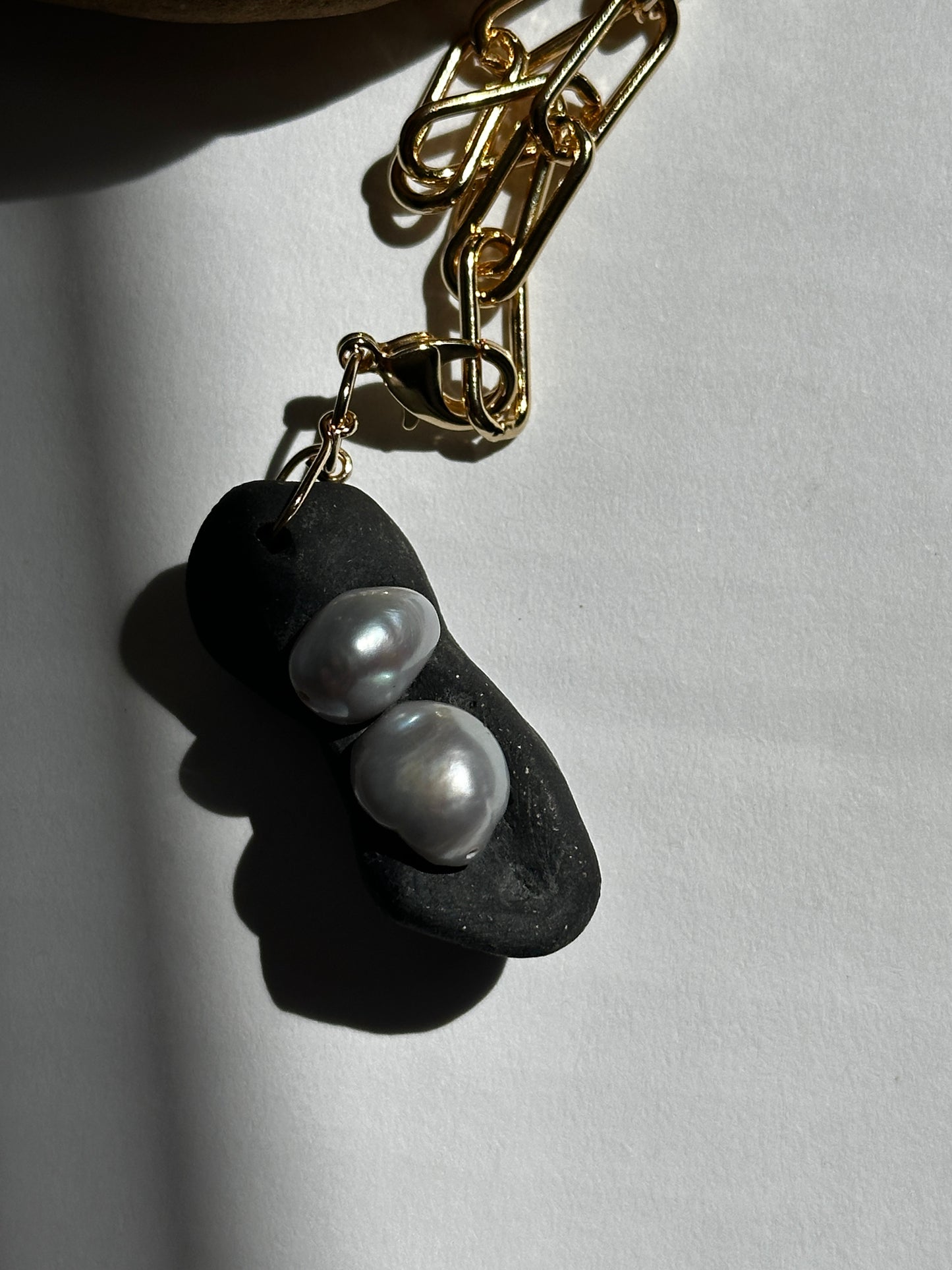 Black Ceramic Form & Baroque Pearl Pendant on Gold Paperclip Chain