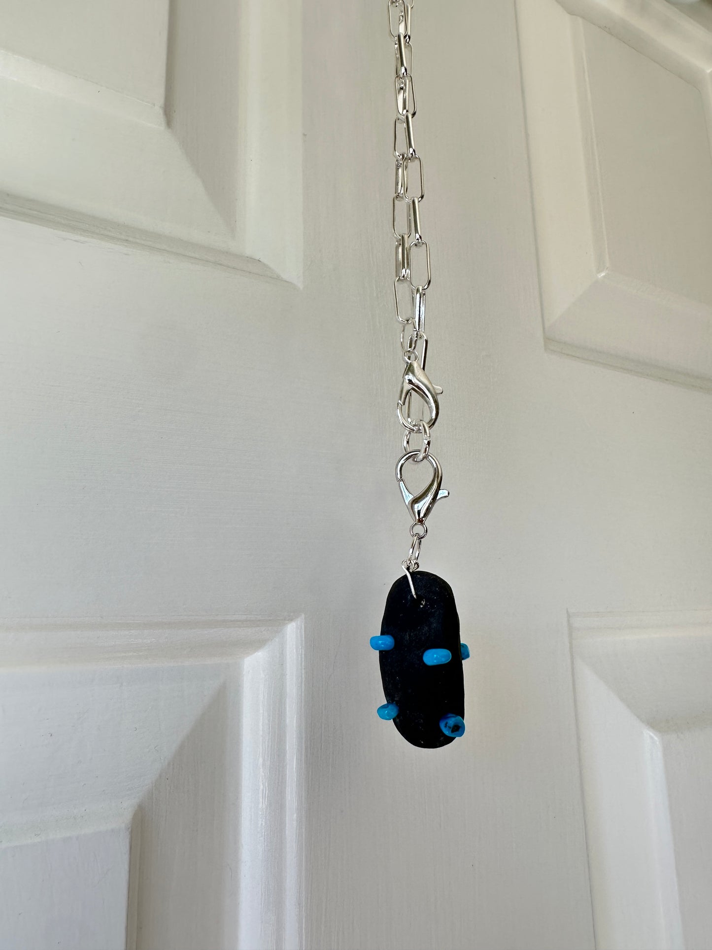 Black Ceramic Form & Turquoise Stone Pendant on Silver Paperclip Chain