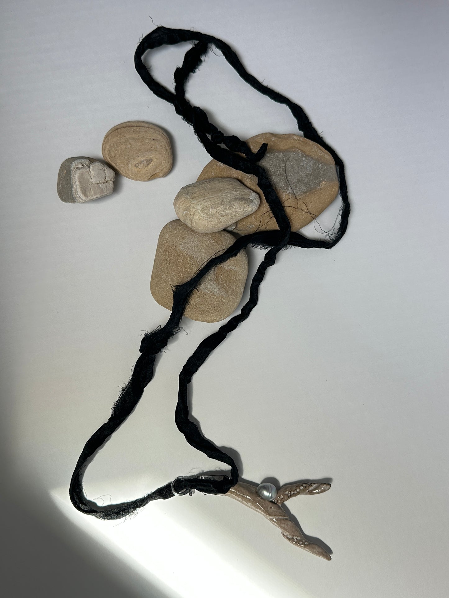 Taupe Ceramic Driftwood & Baroque Pearl Pendant on Raw Silk Cord