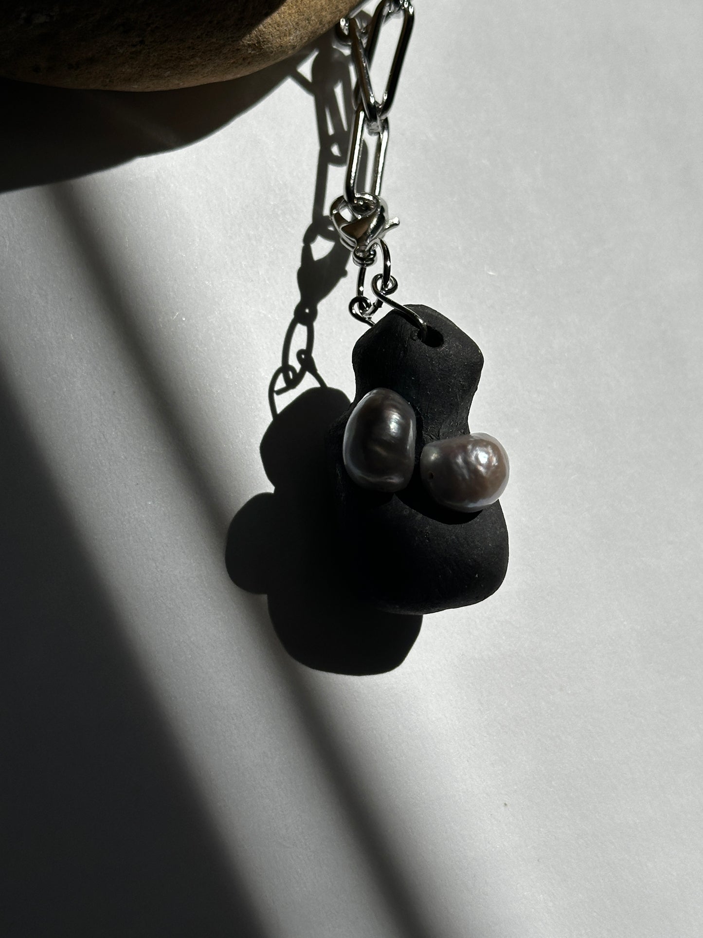 Black Ceramic Form & Pearl Pendant on Silver Paperclip Chain