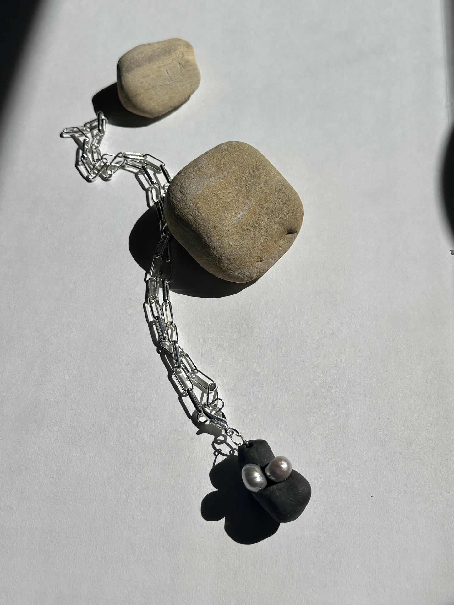 Black Ceramic Form & Pearl Pendant on Silver Paperclip Chain