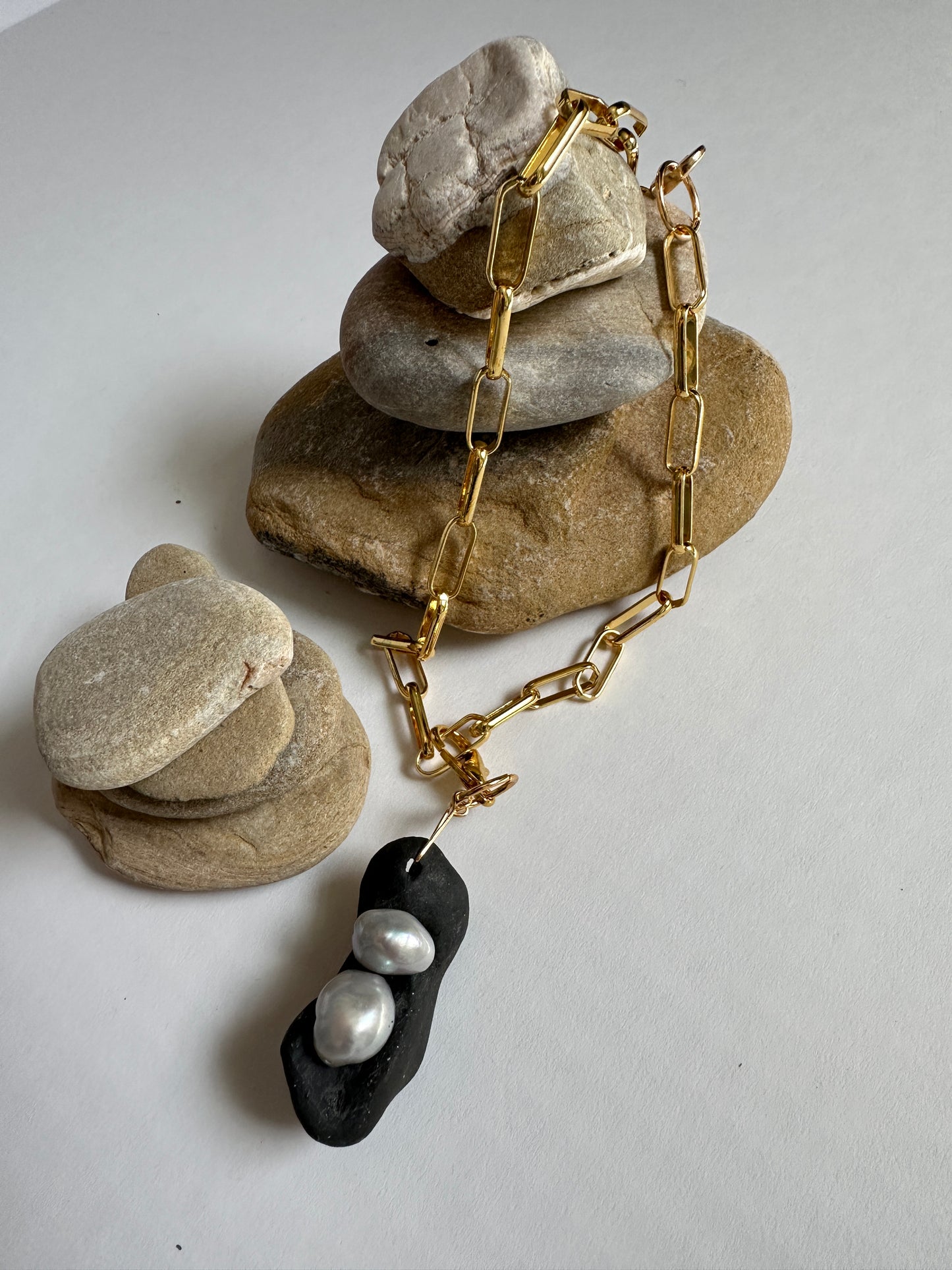 Black Ceramic Form & Baroque Pearl Pendant on Gold Paperclip Chain