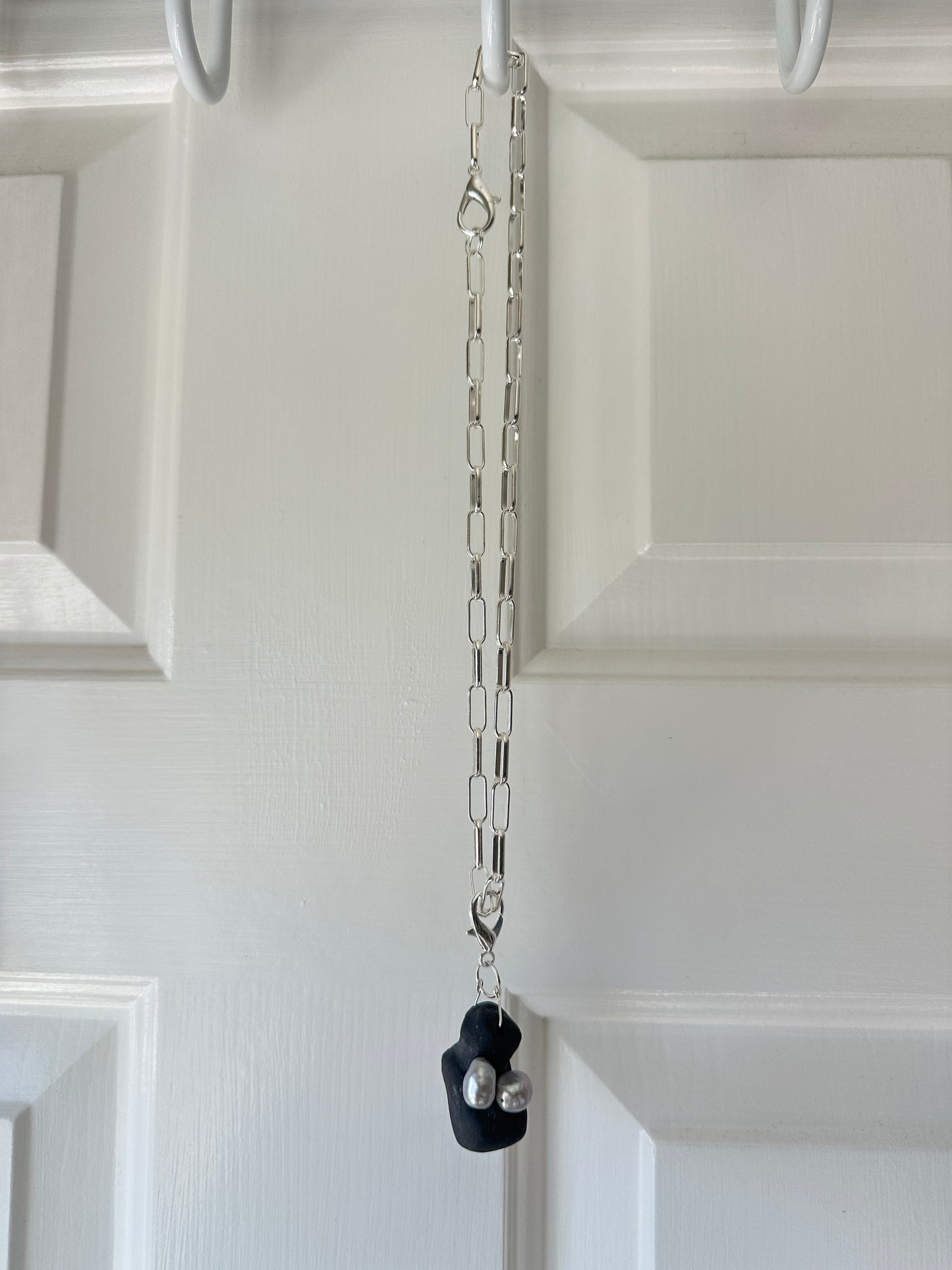 Black Ceramic Form & Pearl Pendant on Silver Paperclip Chain